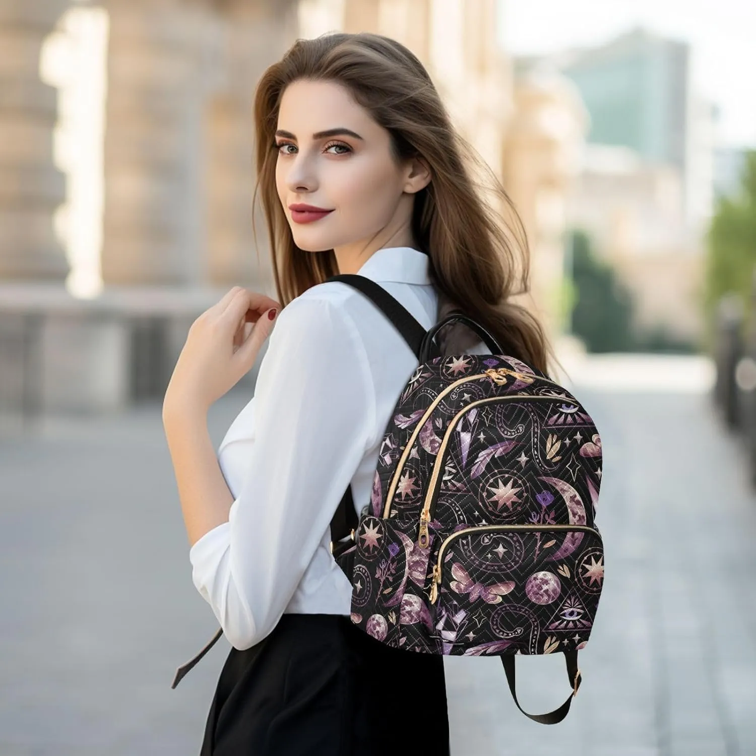 Mystical Characters Wiccan Moon Phases Stars Feather Butterfly Mini Backpack for Women, Travel Backpack Purse Daypack Shoulder Bag for Ladies