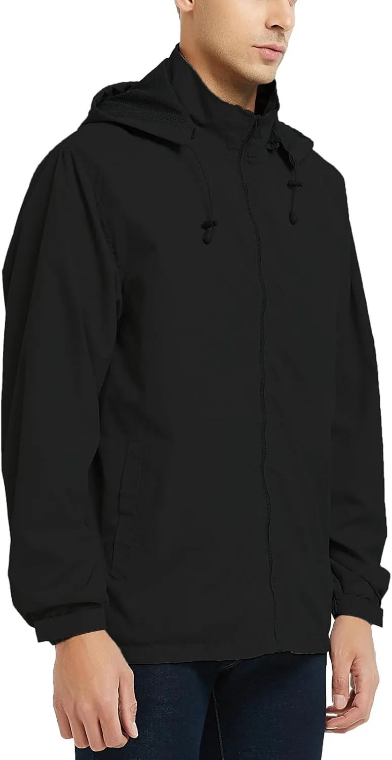 Mywu Mens Windbreaker Jackets Lightweight Rain Jacket Waterproof Raincoat with Hood Outdoor Running Hiking Cycling