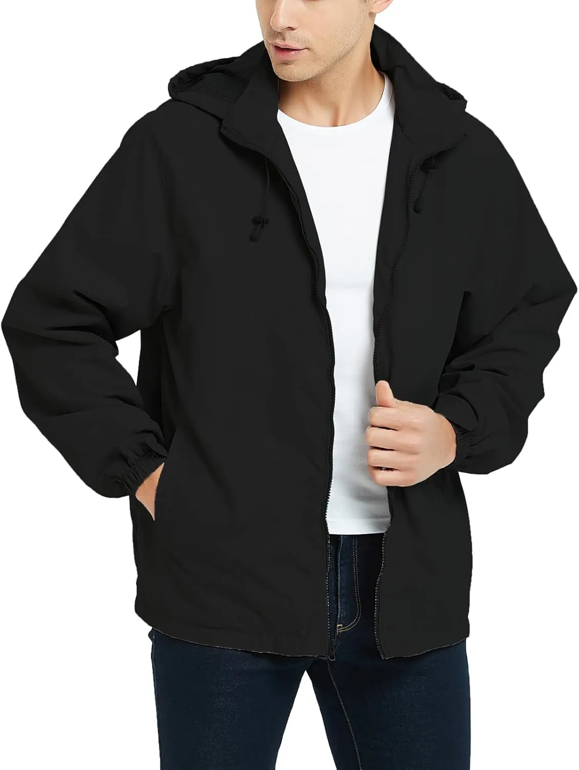 Mywu Mens Windbreaker Jackets Lightweight Rain Jacket Waterproof Raincoat with Hood Outdoor Running Hiking Cycling