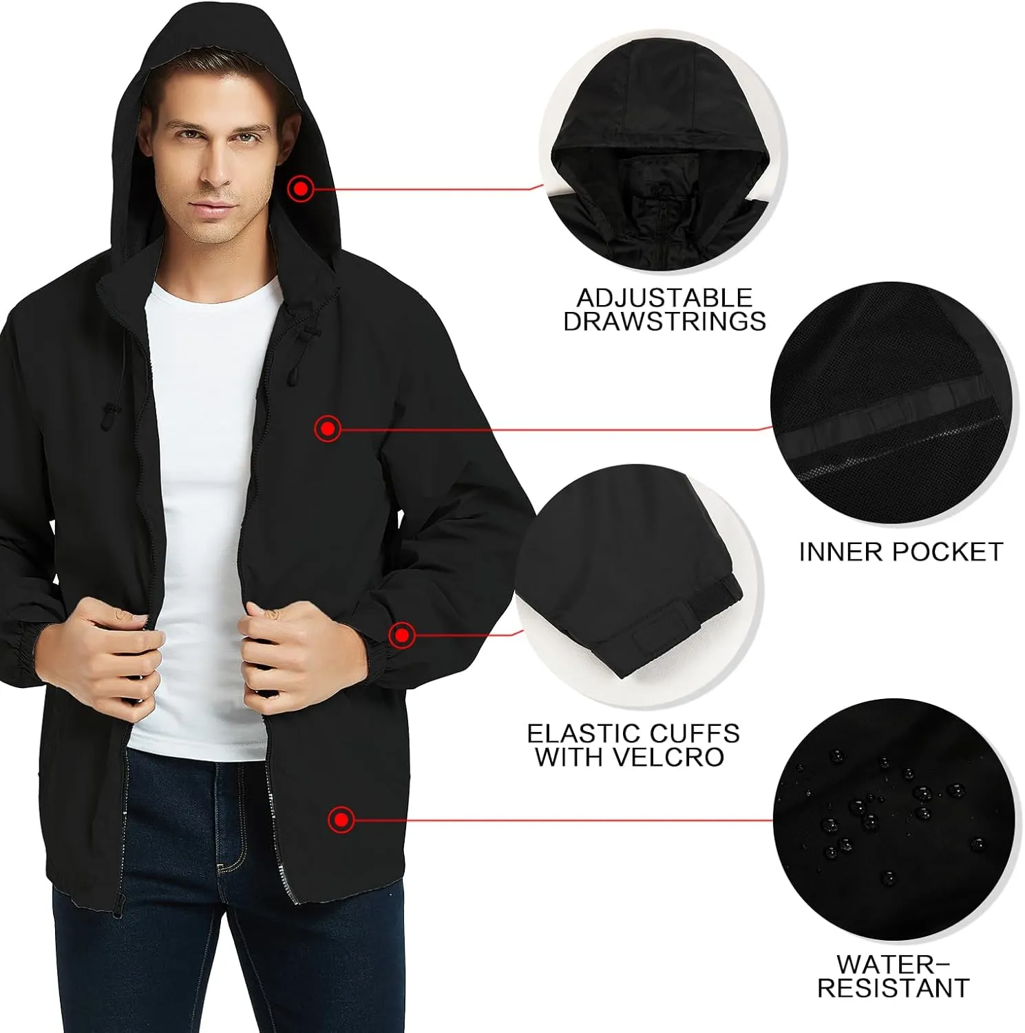 Mywu Mens Windbreaker Jackets Lightweight Rain Jacket Waterproof Raincoat with Hood Outdoor Running Hiking Cycling