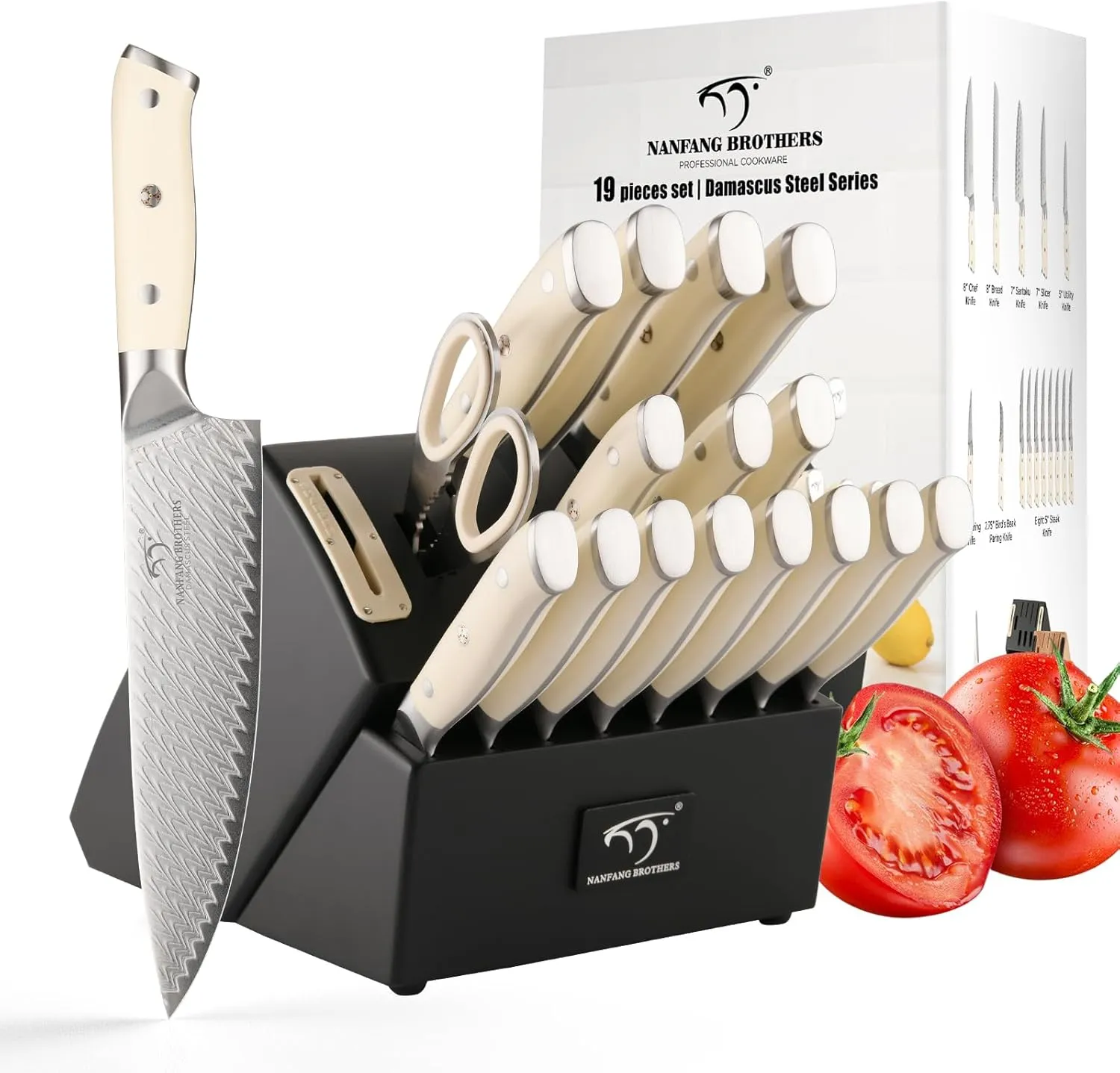 NANFANG BROTHERS Knife Sets 19 Pieces for Kitchen with Block, Damascus Kitchen Knife Set with Block, ABS Ergonomic Handle for Chef Knife Set and Kitchen Shear(Black)