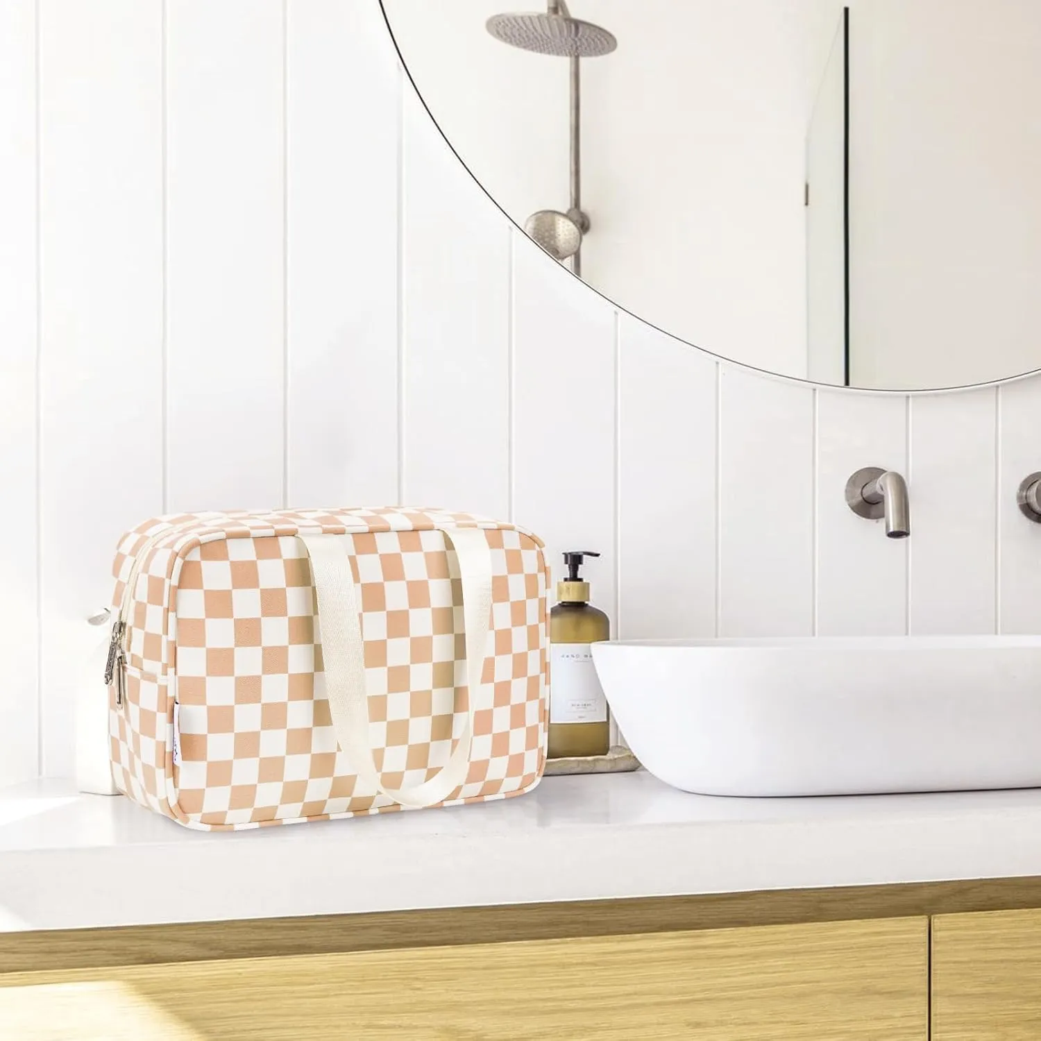 Narwey Large Checkered Travel Toiletry Bag Women Toiletries Bag Makeup Bag with Handle Make up bag Organizer Cosmetic Bag Medicine Bag for Girls (Light Checkerboard, Large)