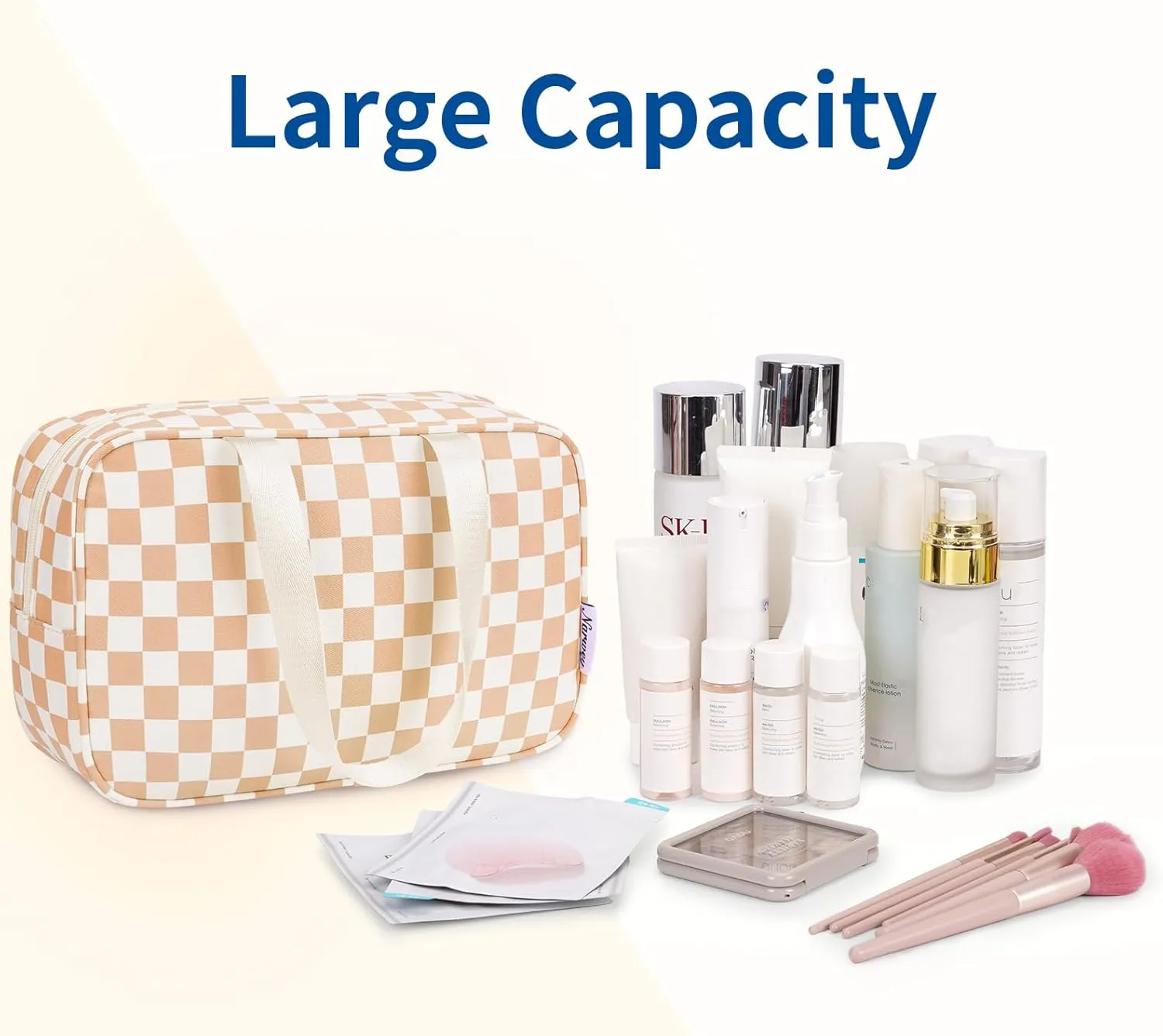 Narwey Large Checkered Travel Toiletry Bag Women Toiletries Bag Makeup Bag with Handle Make up bag Organizer Cosmetic Bag Medicine Bag for Girls (Light Checkerboard, Large)