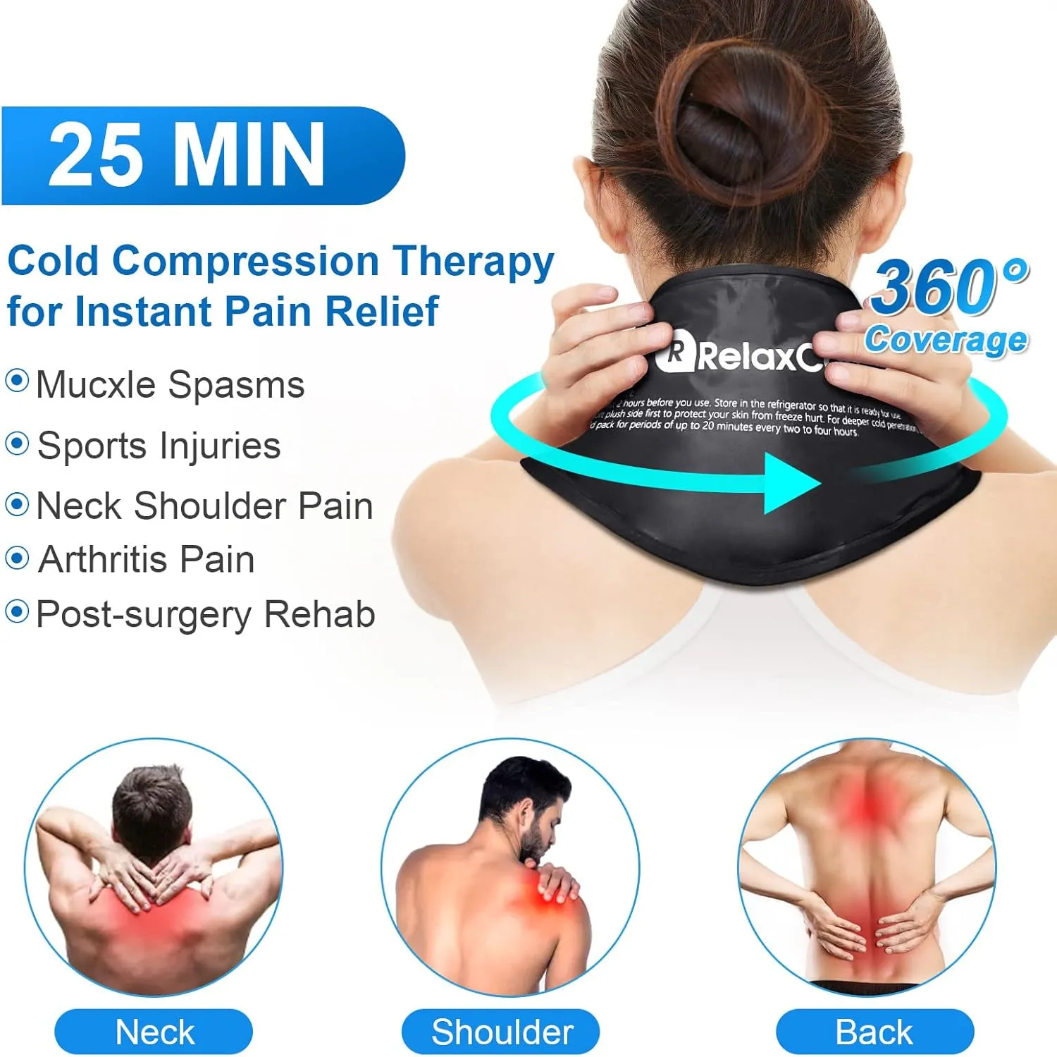 Neck Ice Pack Wrap, RelaxCoo Reusable Gel Ice Pack for Neck Shoulders, Cold Compress Therapy for Pain Relief, Injuries, Swelling, Bruises, Sprains, Inflammation and Cervical Surgery Recovery