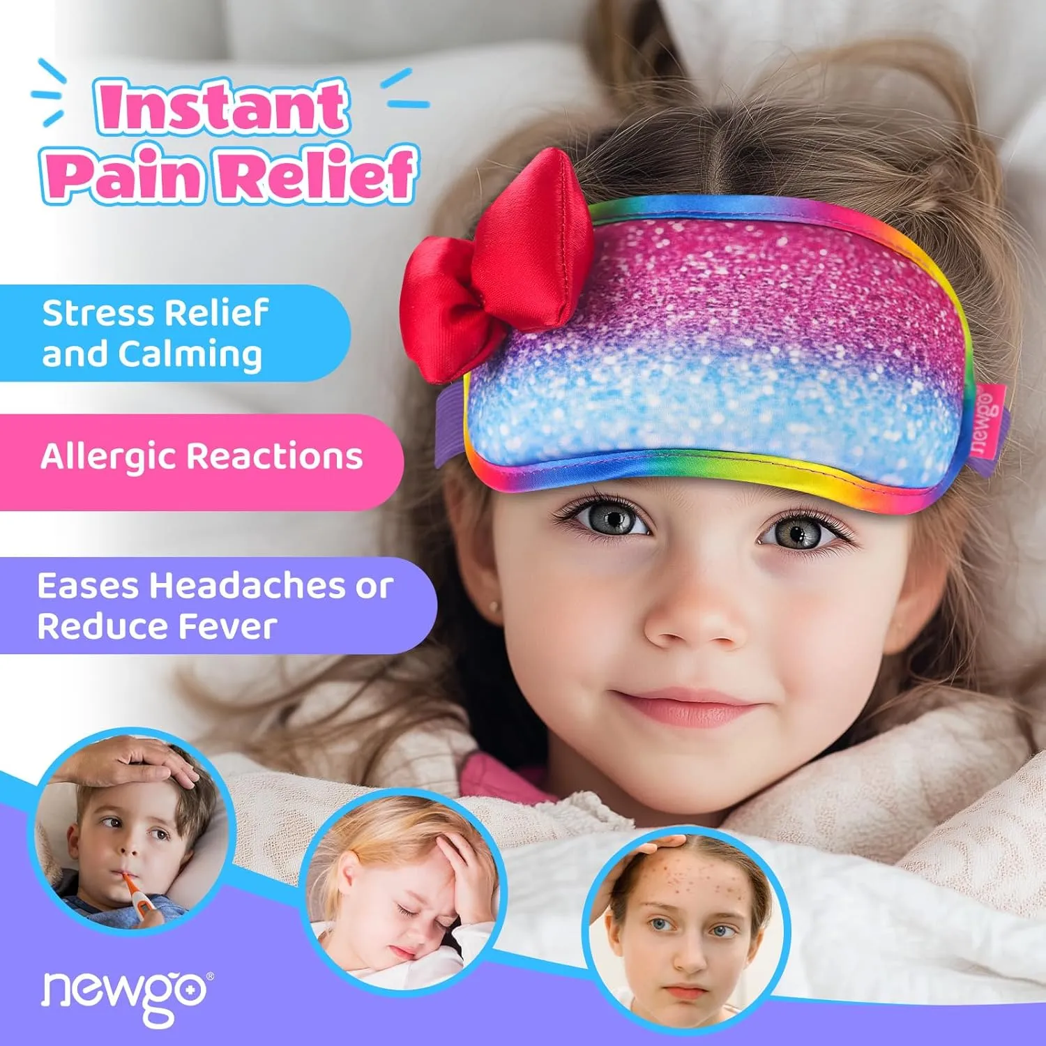NEWGO Ice Pack Kids Head Ice Pack for Fever, Soft Gel Cold Pack Migraine Relief Wrap for Children Headaches, Adjustable Cute Ice Headband