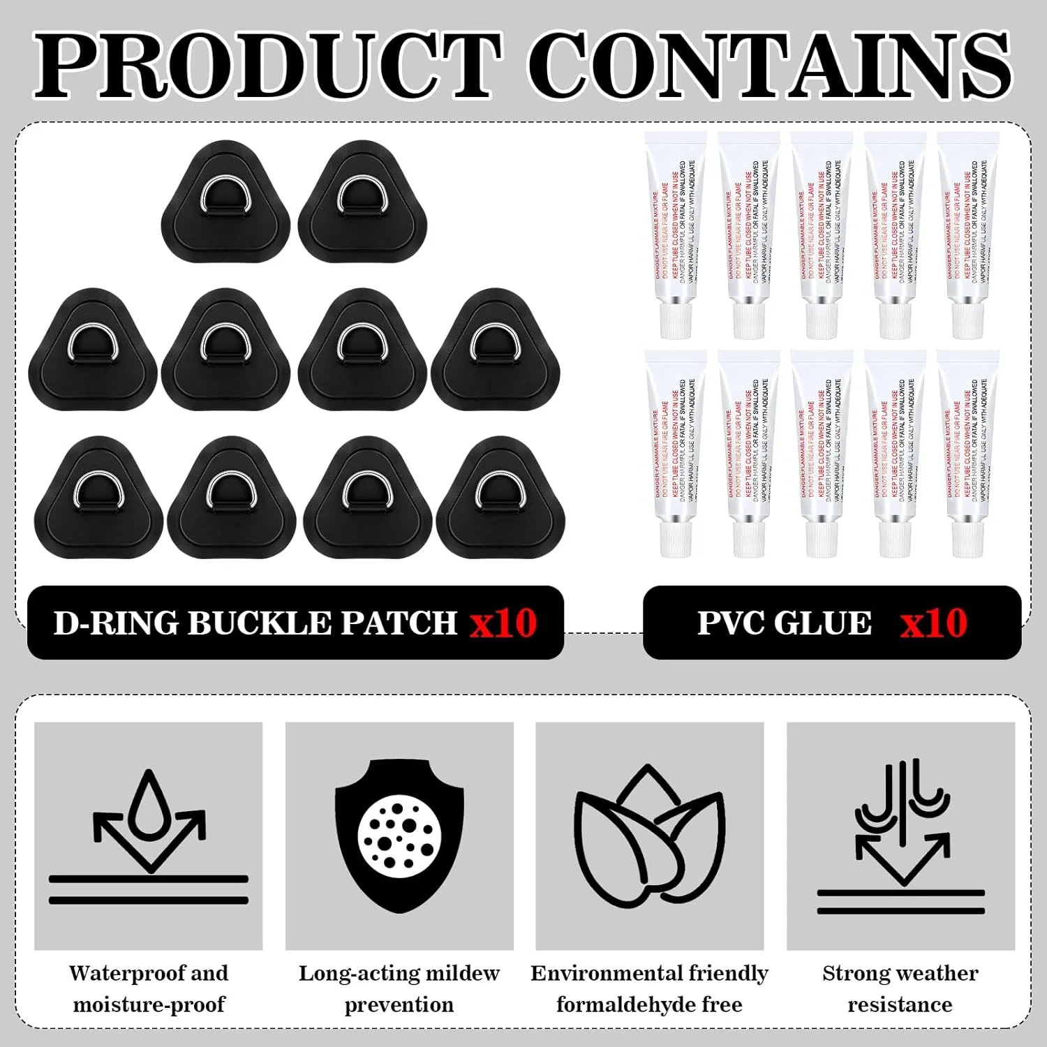 Newwiee 10 D Ring PVC Patch for Inflatable Boat With10 Liquid Waterproof Repair Patch Cement Inflatable Repair Set for Inflatable Boat Dinghy Sup Kayak Surfboard Rafting Canoe