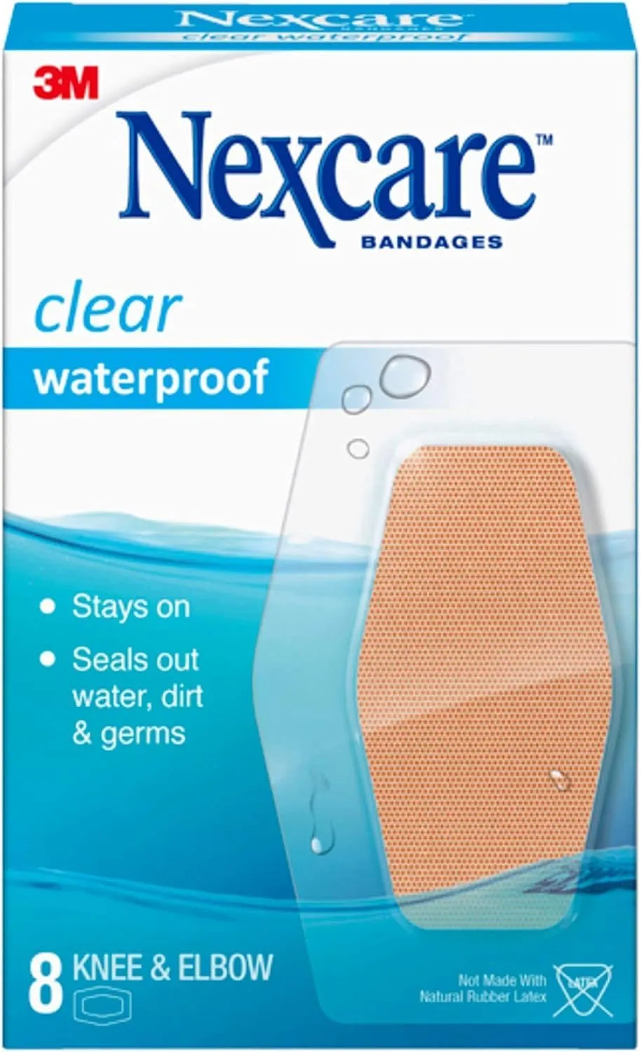 Nexcare Waterproof Stays On Bandage, Knee and Elbow, 8 Bandages per Box (4 Pack)