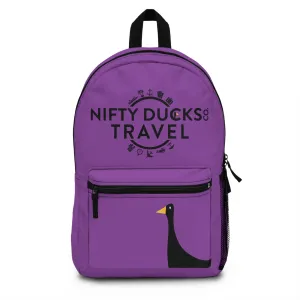 Nifty Ducks Travel Logo Backpack - Travel Bag with Black Duck Design - Purple