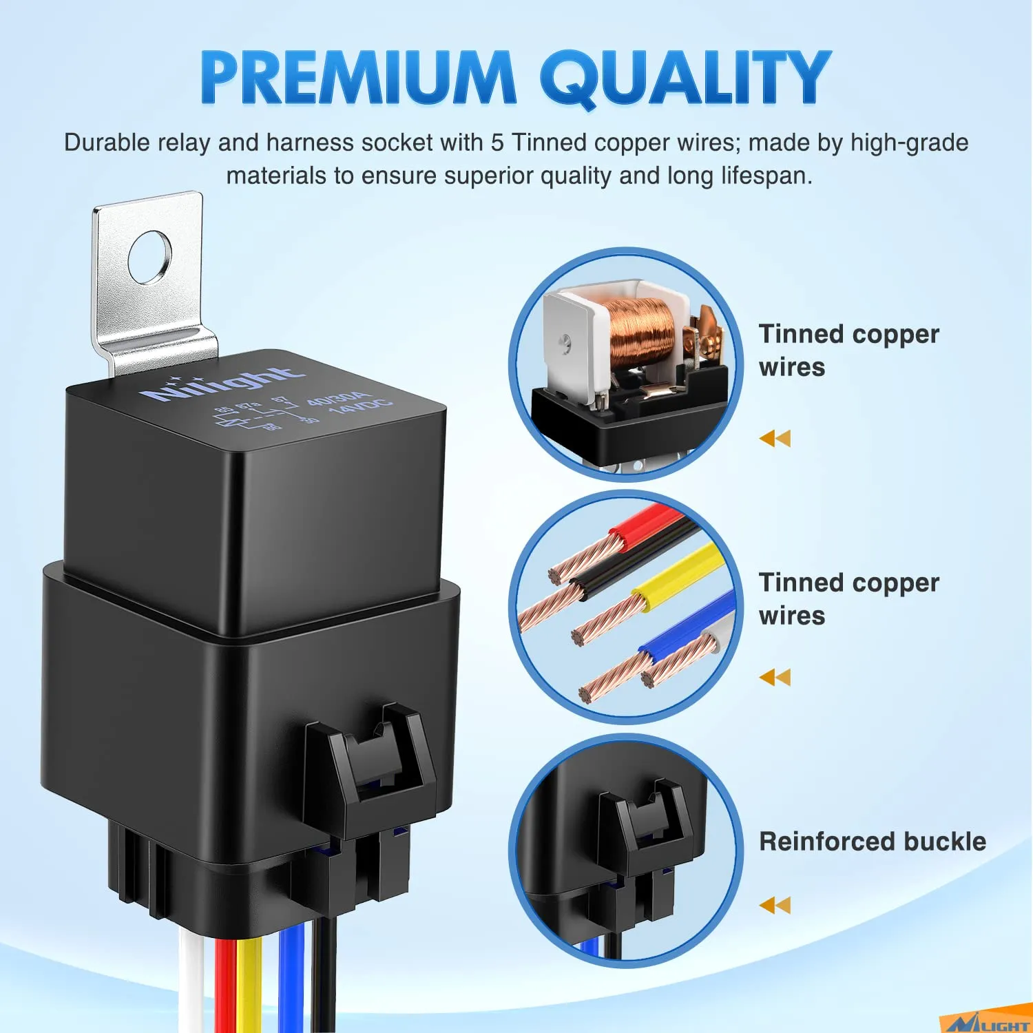 Nilight 50044R 5 Pack Waterproof 40/30 AMP Heavy Duty 12 AWG Tinned Copper Wires 5-PIN SPDT Bosch Style 12V Automotive Relay and Harness Set