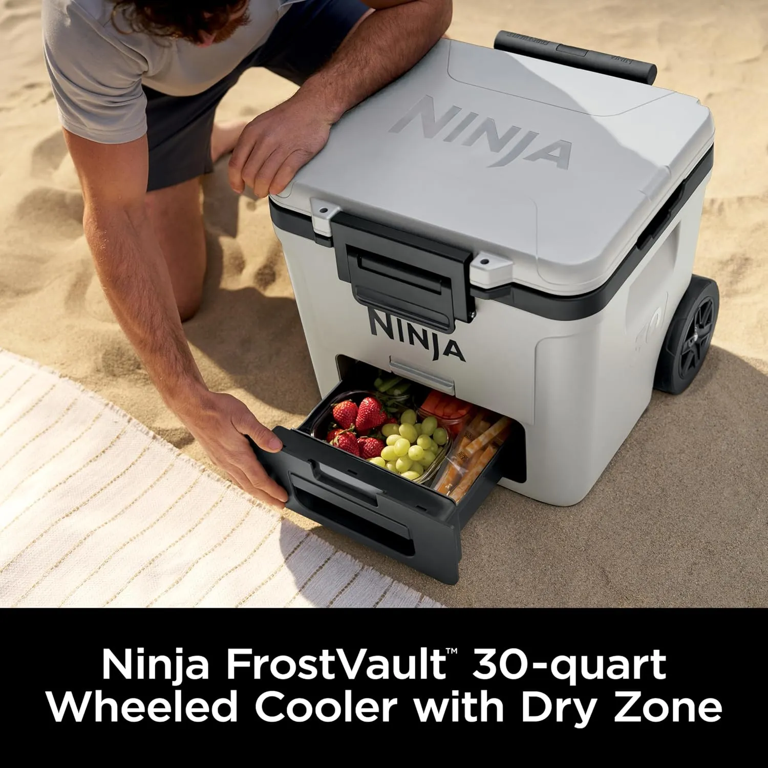 Ninja | Cooler | FrostVault 30QT Cooler with Wheels | Insulated with Temp Dry Storage Drawer | Keeps Ice Cold for Days | for The Beach, Camping, Picnics & More | Cloud White | FB230WH