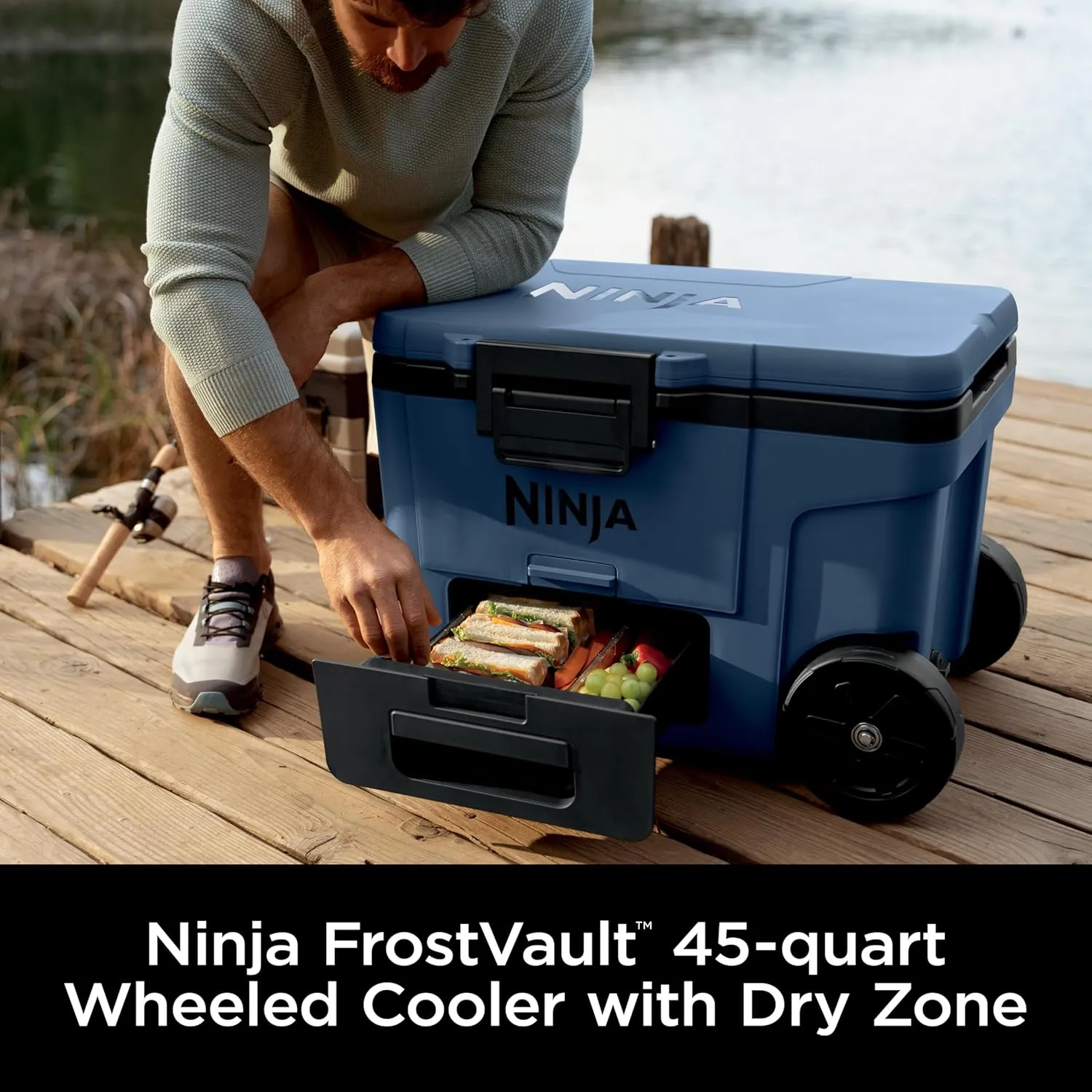 Ninja FrostVault 45qt Wheeled Cooler with Dry Zone, Integrated Fridge-Temp Dry Storage Drawer, Premium Heavy-Duty Insulated Cooler, Keeps Ice for Days, Lakeshore Blue, FB245BL