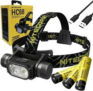 Nitecore Value Bundle HC68 High Performance Dual Beam E-Focus Headlamp- 2000 Lumens w/ 2X Extra High 3500 Mili Amp Capacity Cell and Eco Sensa Charging Cable