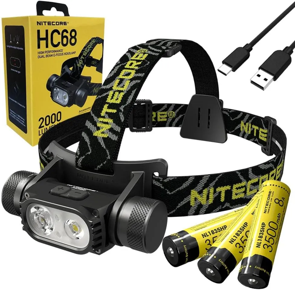 Nitecore Value Bundle HC68 High Performance Dual Beam E-Focus Headlamp- 2000 Lumens w/ 2X Extra High 3500 Mili Amp Capacity Cell and Eco Sensa Charging Cable