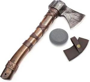 Norse Tradesman 14" Viking Throwing Axe - Fully Sharpened Norse Hand-Axe - Carbon Steel Axe Head with Premium Leather Cross-Stitch and Sharpening Stone