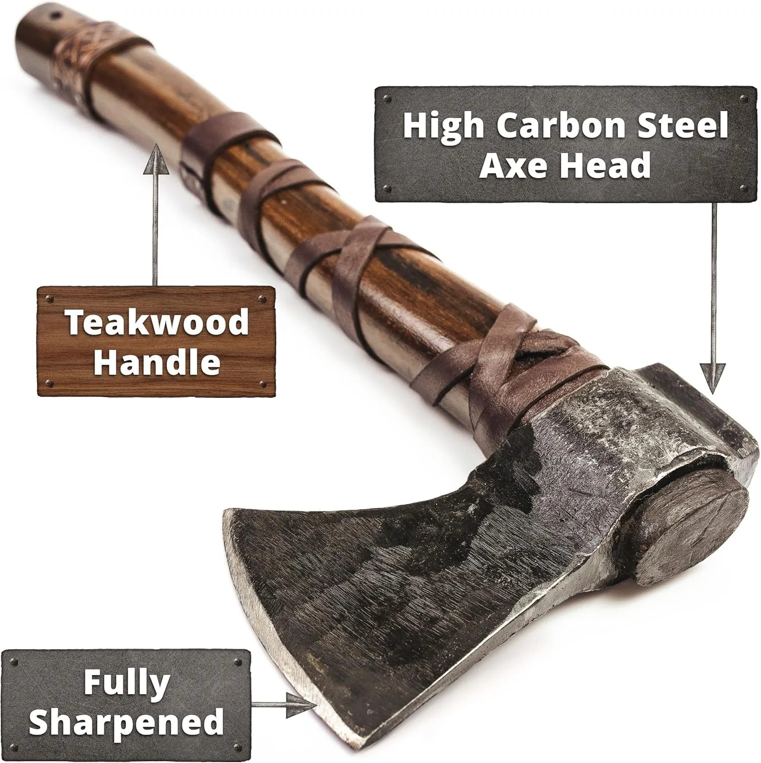 Norse Tradesman 14" Viking Throwing Axe - Fully Sharpened Norse Hand-Axe - Carbon Steel Axe Head with Premium Leather Cross-Stitch and Sharpening Stone