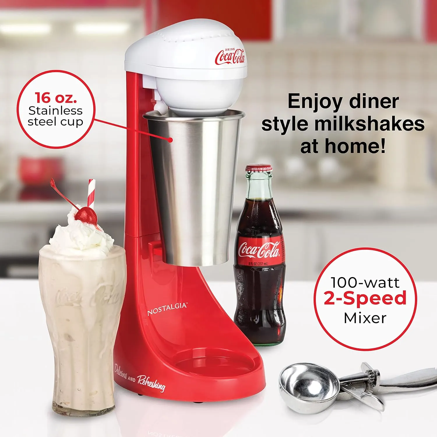 Nostalgia Two-Speed Electric Coca-Cola Limited Edition Milkshake Maker and Drink Mixer, Includes 16-Ounce Stainless Steel Mixing Cup and Rod, Red