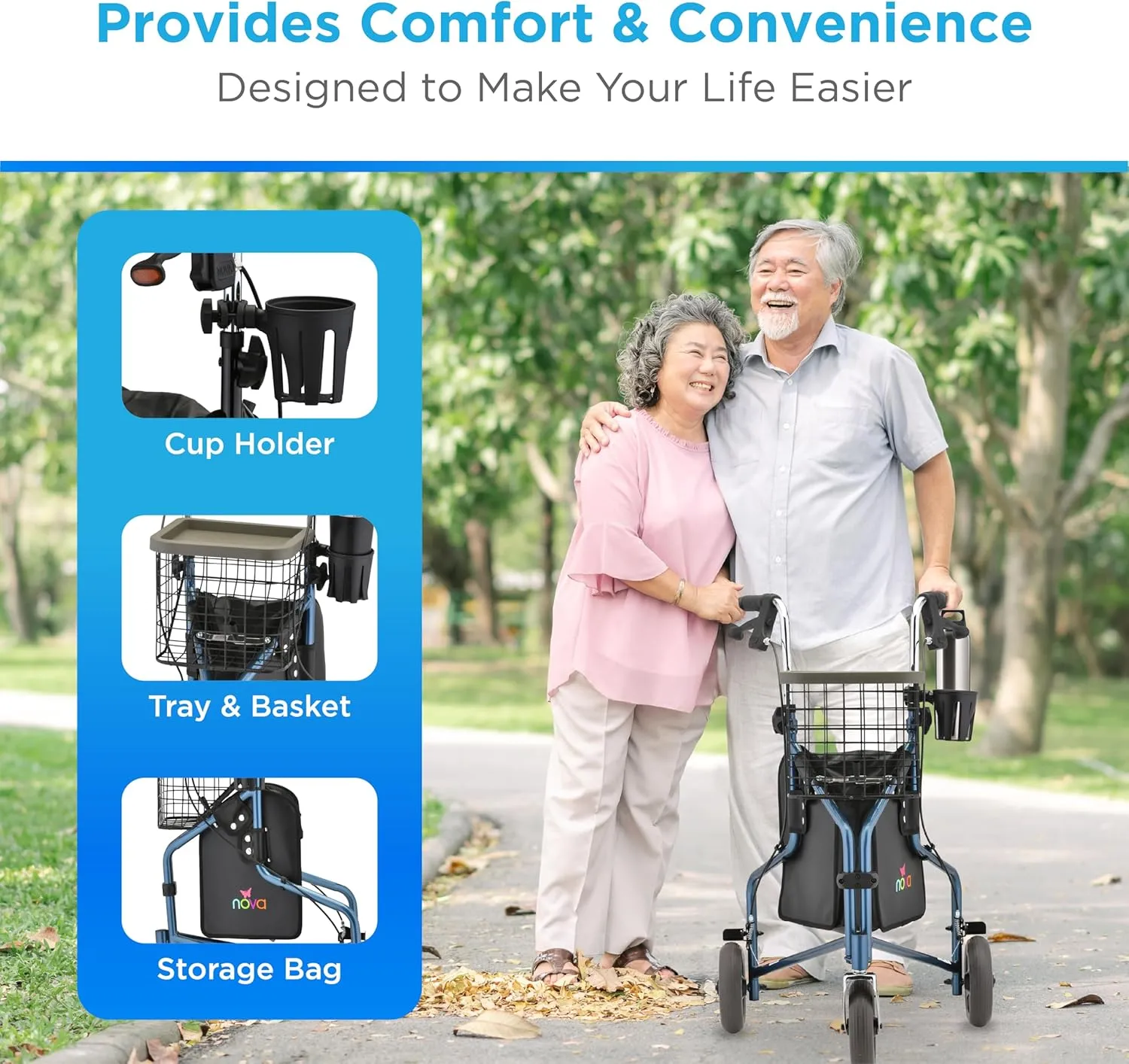 NOVA 3 Wheel Rollator Walker – All Terrain Folding Walker for Seniors, Lightweight Mobility Aid with Bag, Basket & Tray – Adult Rolling Walker with Wheels, Blue