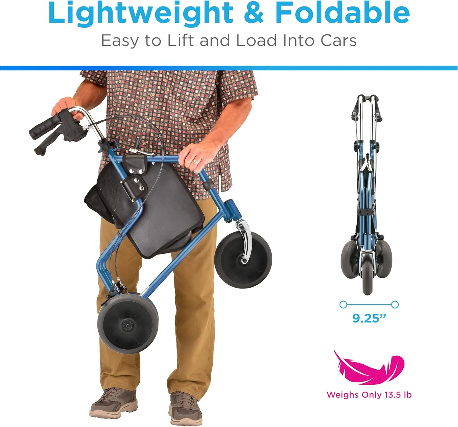 NOVA 3 Wheel Rollator Walker – All Terrain Folding Walker for Seniors, Lightweight Mobility Aid with Bag, Basket & Tray – Adult Rolling Walker with Wheels, Blue