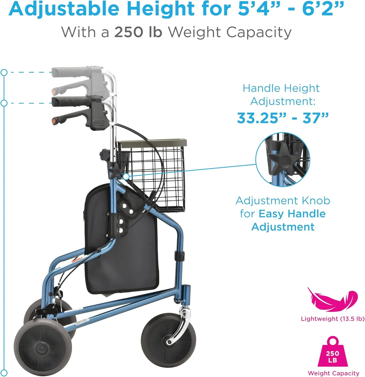 NOVA 3 Wheel Rollator Walker – All Terrain Folding Walker for Seniors, Lightweight Mobility Aid with Bag, Basket & Tray – Adult Rolling Walker with Wheels, Blue