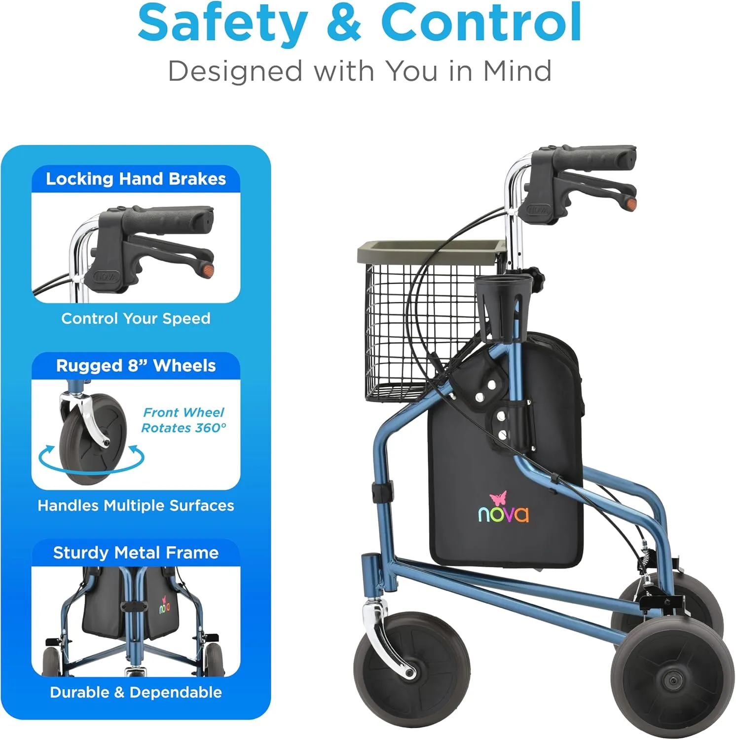 NOVA 3 Wheel Rollator Walker – All Terrain Folding Walker for Seniors, Lightweight Mobility Aid with Bag, Basket & Tray – Adult Rolling Walker with Wheels, Blue