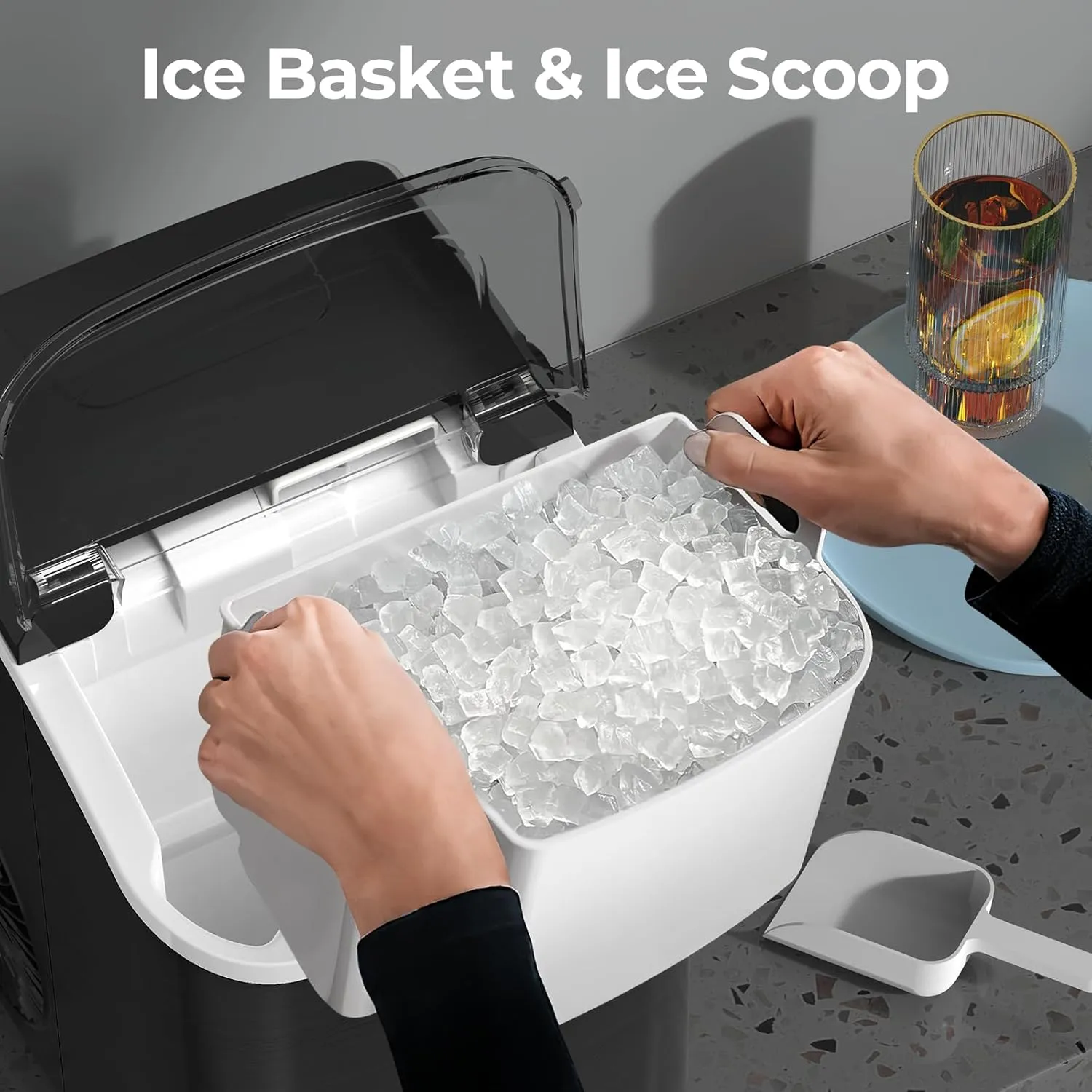 Nugget Ice Makers Countertop with Soft Chewable Pellet Ice, Stainless Steel Black, 7Mins Ice Making, 35.5Lbs/24Hrs, Pebble Ice Maker with Self-Cleaning/Basket/Scoop for Home/Office/Bar