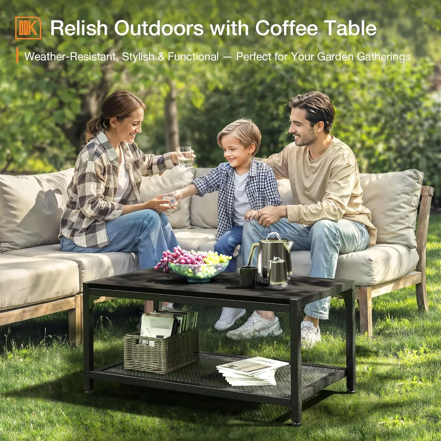 ODK Outdoor Coffee Table with Double-Layer Storage, Rectangle Weather-Resistant Patio Coffee Table for Garden, Balcony, Hot Tub, Poolside, Heavy-Duty Metal Frame, Black