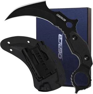 OERLA OL-0019BE Double Edge Karambit tactical Knife Full Tang 420HC Stonewashed Stainless Steel Fixed Blade Field Knife with EDC Adjustable Waist Clip and Kydex Sheath