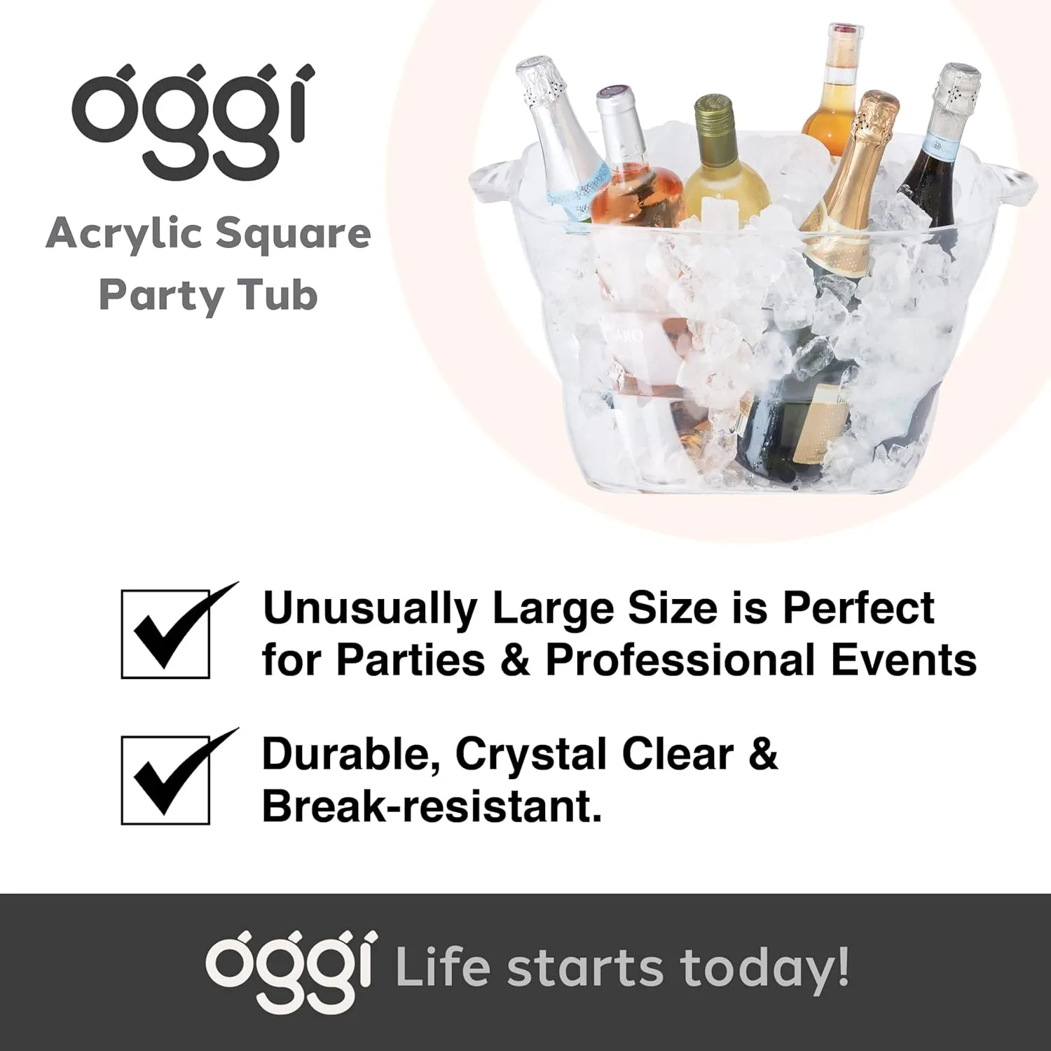 OGGI Acrylic Square Party Tub - Clear Beverage Cooler w/Handles, Wine Cooler, Beer Chiller, Ideal Party Tubs for Drinks, Use Ice Tub for Indoor or Outdoor Bars, 16.75" x 14"