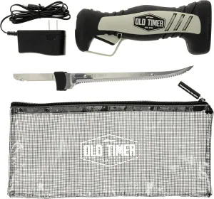 Old Timer Cordless Electric Fillet Knife with 8in Fully Serrated Stainless-Steel Blade, Trigger Lock, Rechargeable Battery, and Self Draining Case for Fishing, Meat Carving, Filleting, and Outdoors