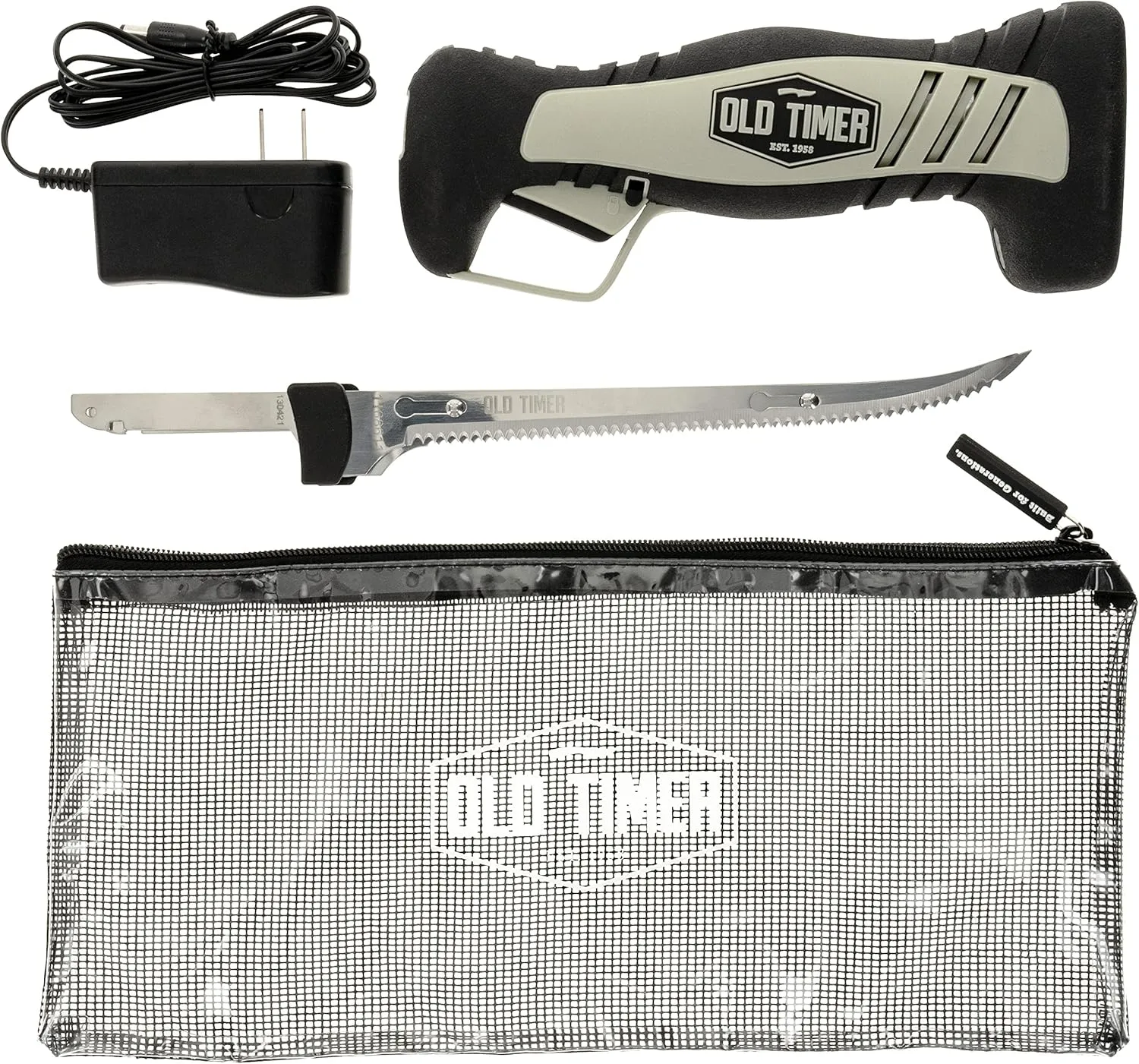 Old Timer Cordless Electric Fillet Knife with 8in Fully Serrated Stainless-Steel Blade, Trigger Lock, Rechargeable Battery, and Self Draining Case for Fishing, Meat Carving, Filleting, and Outdoors