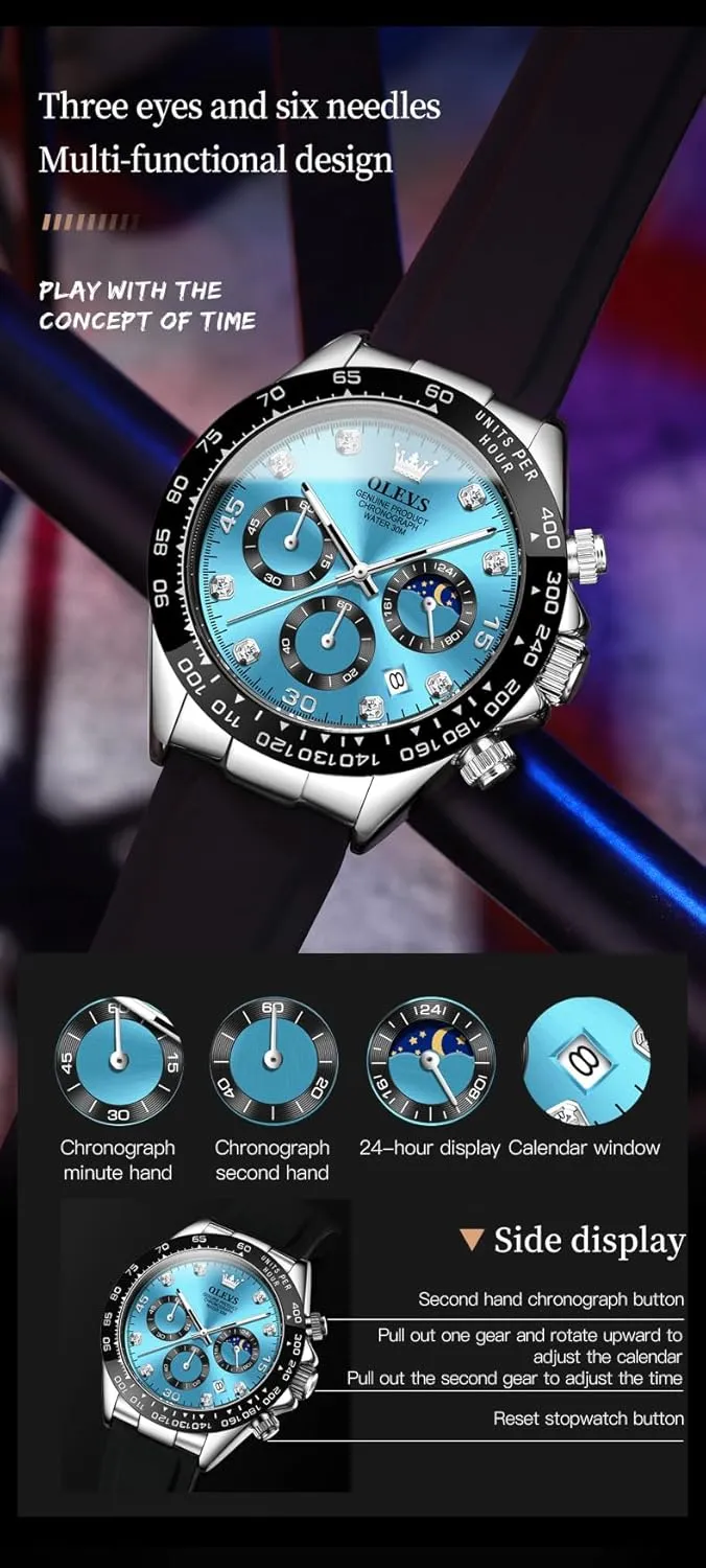 OLEVS Watches for Men Business Diamond Moon Phase Male Watch Chronograph Fashion Dress Waterproof Date Analog Waterproof Men Wrist Watch