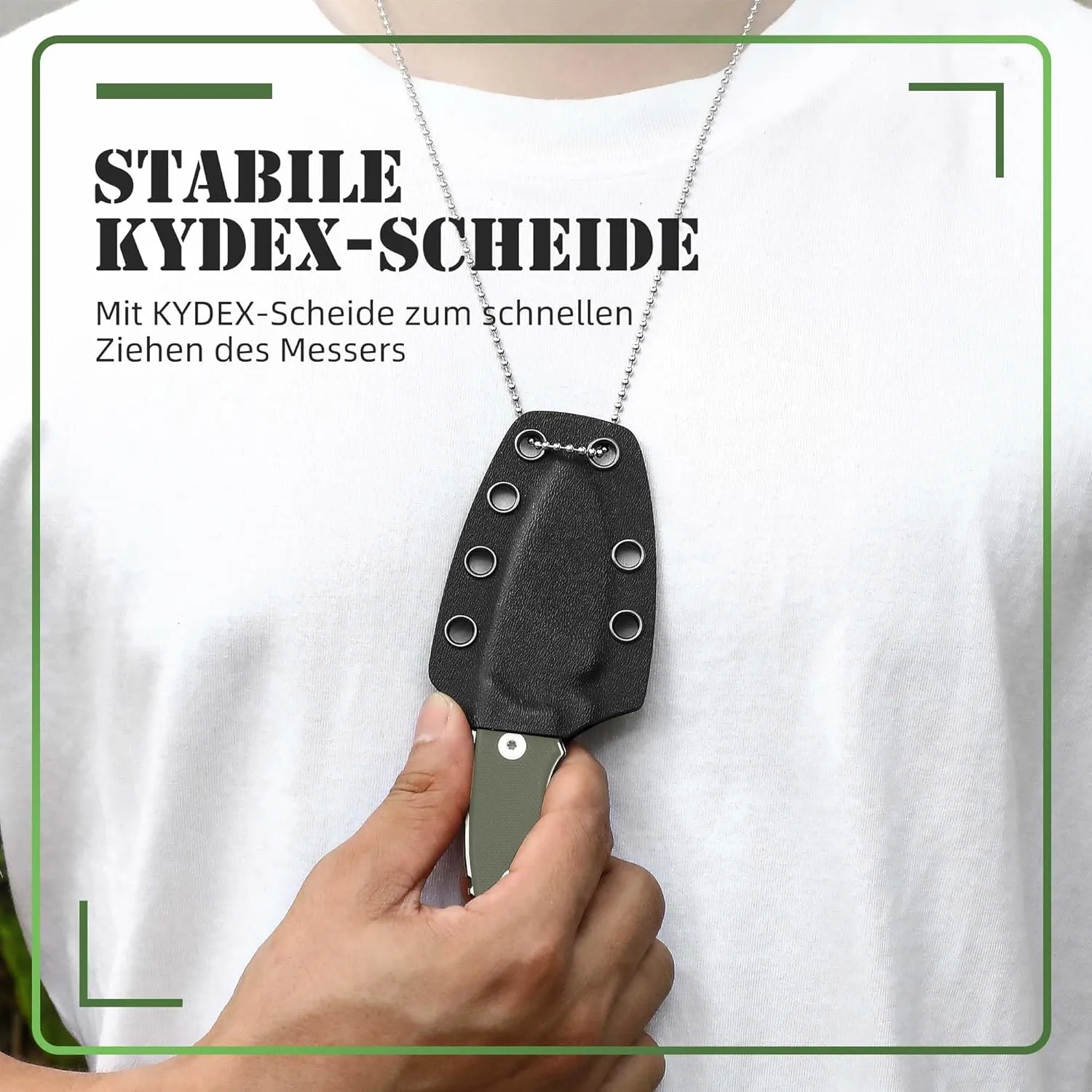 Omesio Small Fixed Blad Knife, Neck Knife, 5.43 inch Neck Knife with Sheath and Necklace Full Tang with Clip D2 Steel 2.17-Inch Blade G10 Handle for Outdoor, Camping（White Blade   Green Handle）