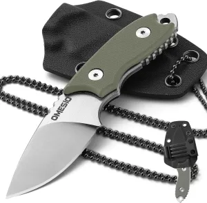 Omesio Small Fixed Blad Knife, Neck Knife, 5.43 inch Neck Knife with Sheath and Necklace Full Tang with Clip D2 Steel 2.17-Inch Blade G10 Handle for Outdoor, Camping（White Blade   Green Handle）