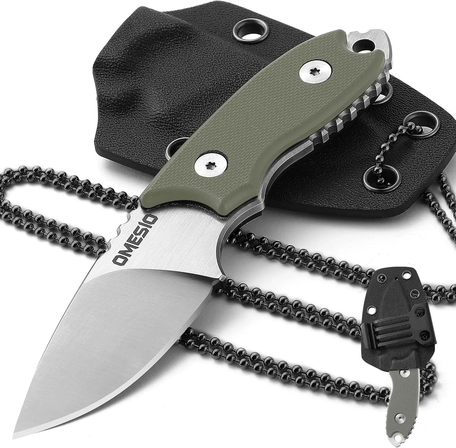 Omesio Small Fixed Blad Knife, Neck Knife, 5.43 inch Neck Knife with Sheath and Necklace Full Tang with Clip D2 Steel 2.17-Inch Blade G10 Handle for Outdoor, Camping（White Blade   Green Handle）