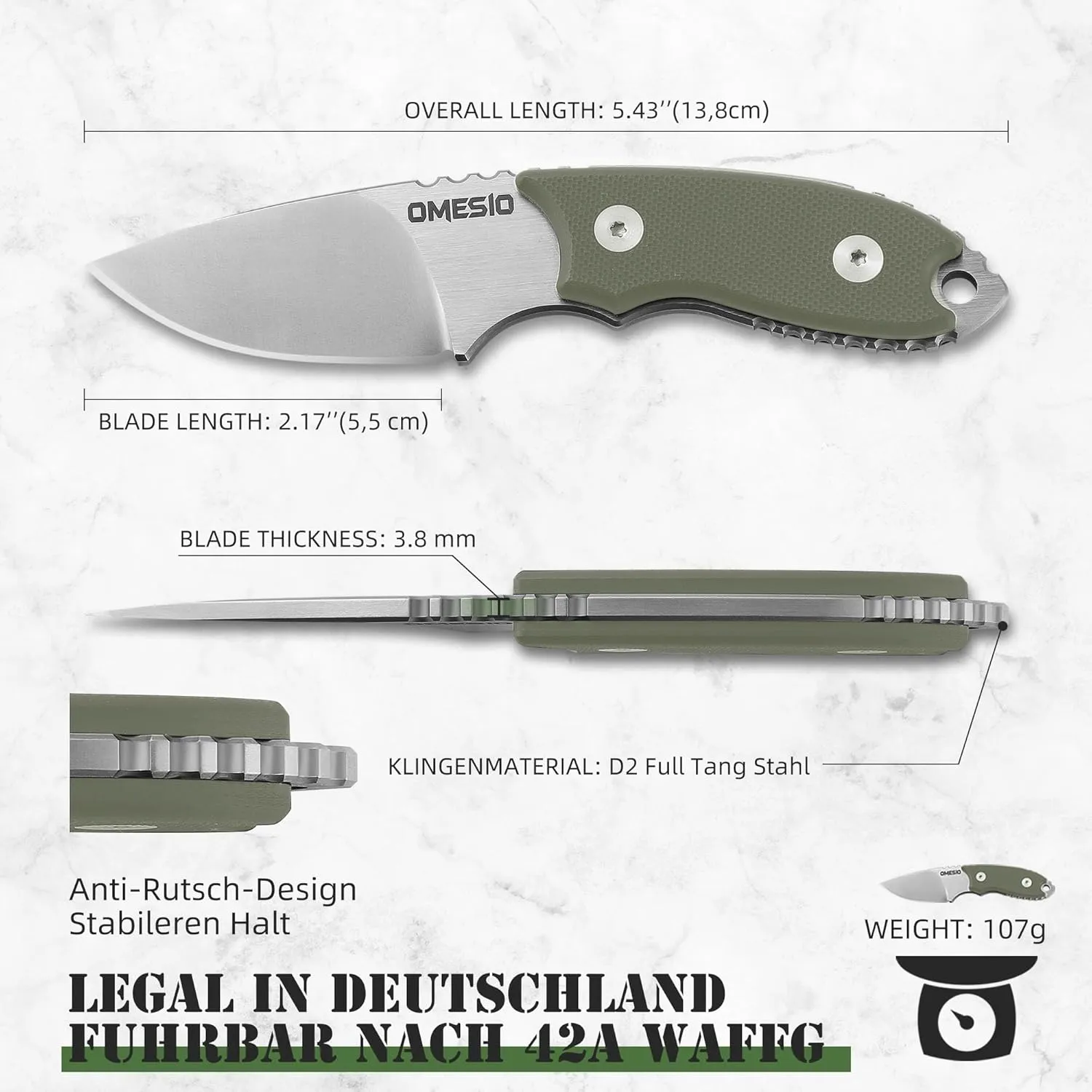 Omesio Small Fixed Blad Knife, Neck Knife, 5.43 inch Neck Knife with Sheath and Necklace Full Tang with Clip D2 Steel 2.17-Inch Blade G10 Handle for Outdoor, Camping（White Blade   Green Handle）