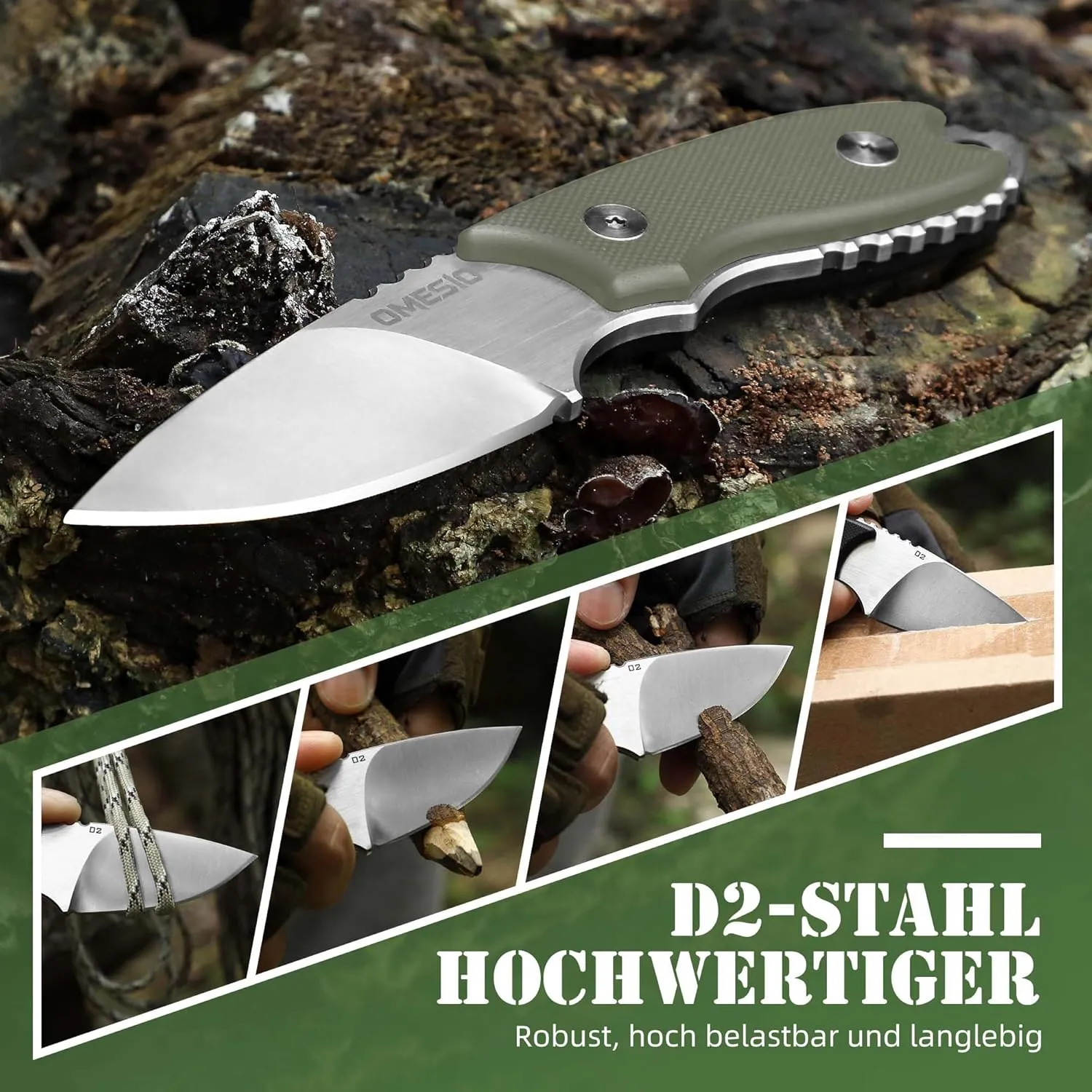 Omesio Small Fixed Blad Knife, Neck Knife, 5.43 inch Neck Knife with Sheath and Necklace Full Tang with Clip D2 Steel 2.17-Inch Blade G10 Handle for Outdoor, Camping（White Blade   Green Handle）