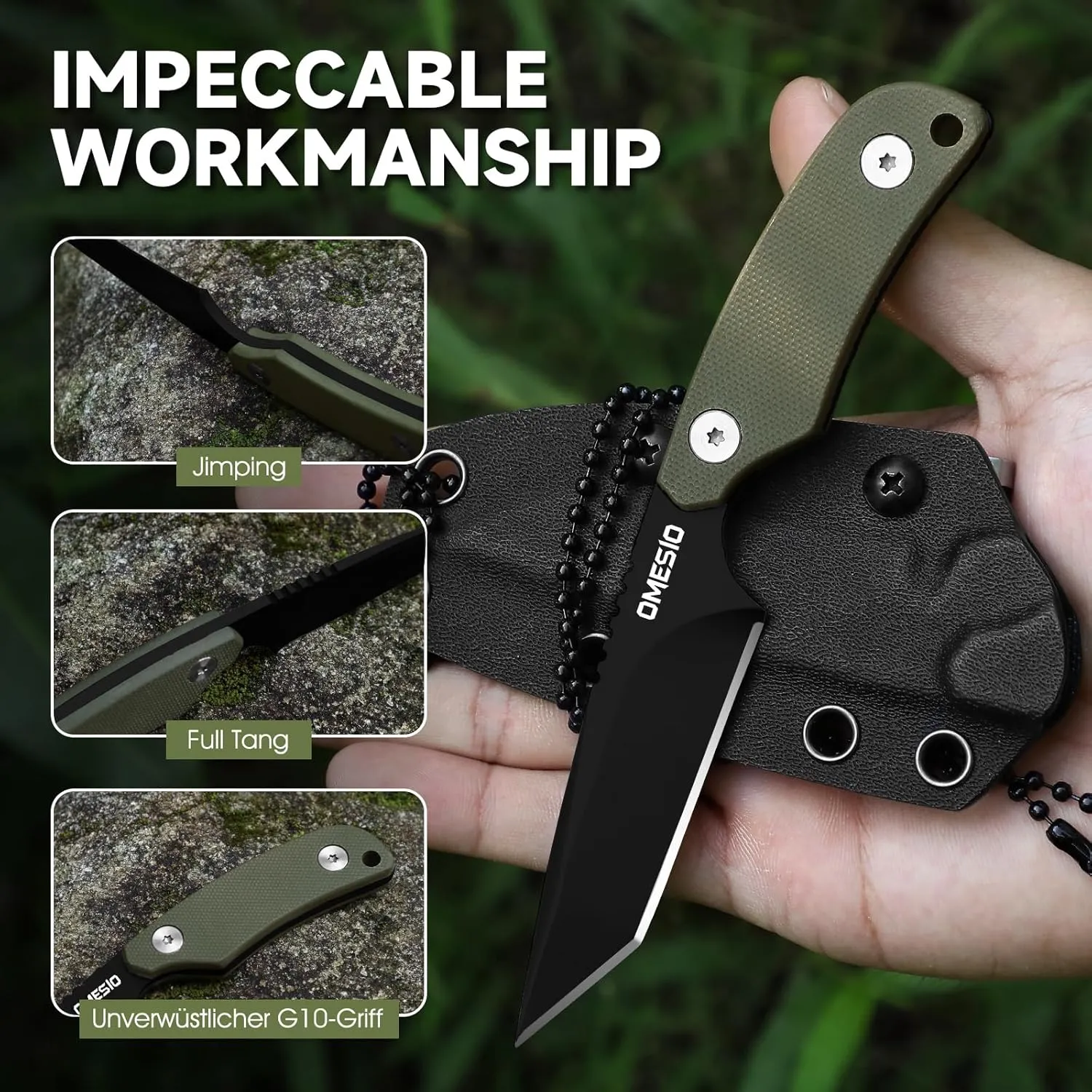 Omesio Tanto Neck Knife, Small Fixed Blade Knife with Kydex Sheath and Clip, Full Tang 6" Neck Knife with Sheath and Necklace, Mini Tactical EDC Knife D2 Steel G10 Handle(Black Steel  Green Handle)