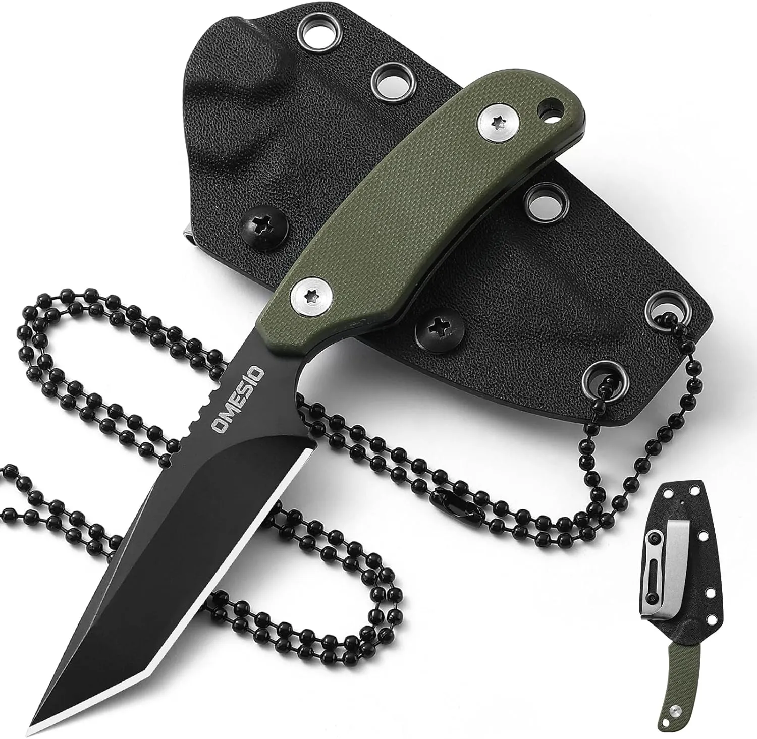 Omesio Tanto Neck Knife, Small Fixed Blade Knife with Kydex Sheath and Clip, Full Tang 6" Neck Knife with Sheath and Necklace, Mini Tactical EDC Knife D2 Steel G10 Handle(Black Steel  Green Handle)