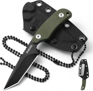 Omesio Tanto Neck Knife, Small Fixed Blade Knife with Kydex Sheath and Clip, Full Tang 6" Neck Knife with Sheath and Necklace, Mini Tactical EDC Knife D2 Steel G10 Handle(Black Steel  Green Handle)