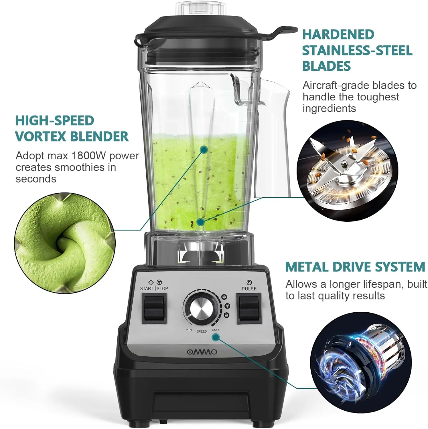 OMMO Blender 1800W, Professional High Speed Countertop Blender with Durable Stainless Steel Blades, 60oz BPA Free Blender for Shakes and Smoothies, Nuts, Ice and Fruits, Dishwasher Safe, Large