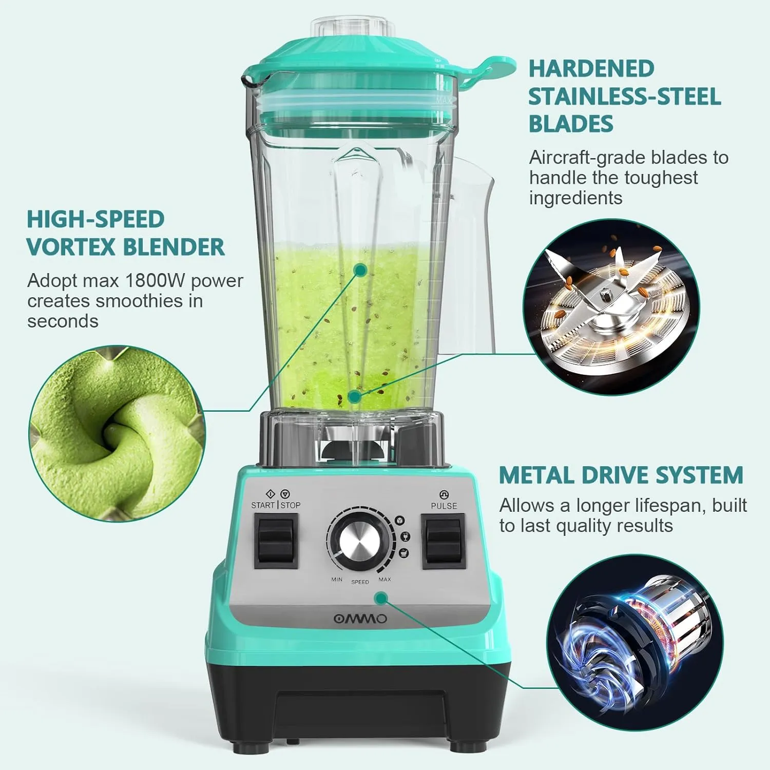OMMO Blender 1800W, Professional High Speed Countertop Blender with Durable Stainless Steel Blades, 60oz BPA Free Blender for Shakes and Smoothies, Nuts, Ice and Fruits, Dishwasher Safe