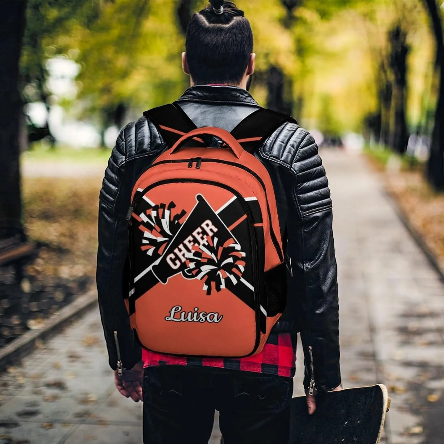 Orange Cheerleader Waterproof School Backpack Personalized with Name for Men Women Sport Laptop Bag