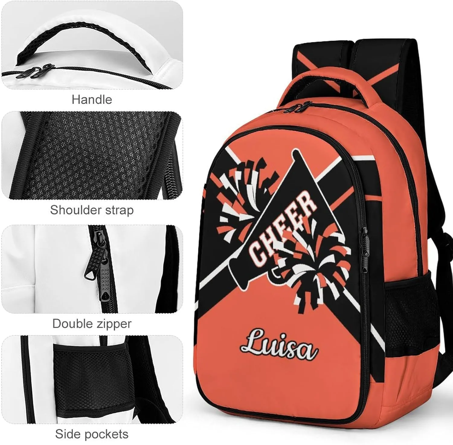 Orange Cheerleader Waterproof School Backpack Personalized with Name for Men Women Sport Laptop Bag