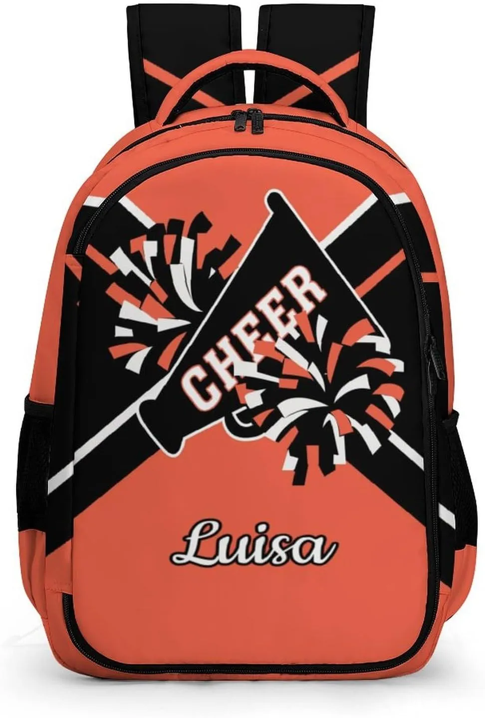 Orange Cheerleader Waterproof School Backpack Personalized with Name for Men Women Sport Laptop Bag