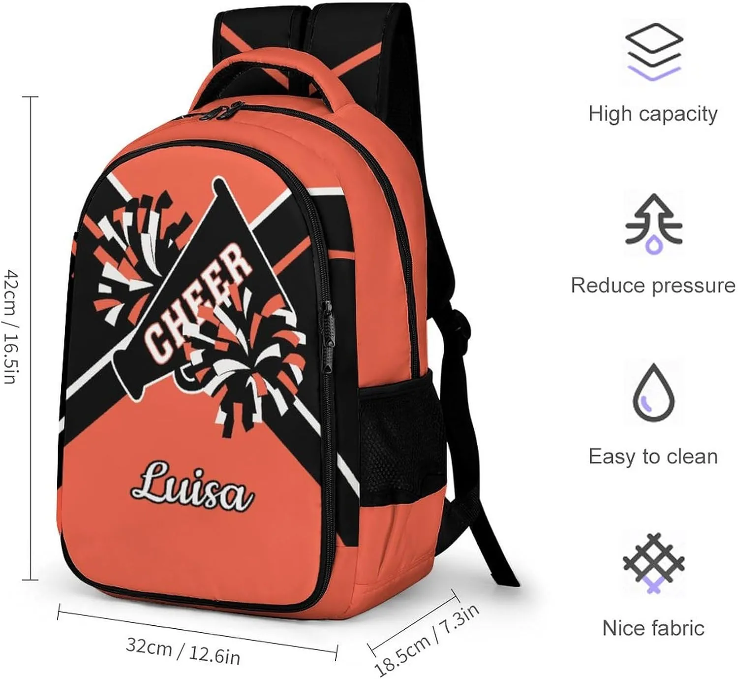 Orange Cheerleader Waterproof School Backpack Personalized with Name for Men Women Sport Laptop Bag