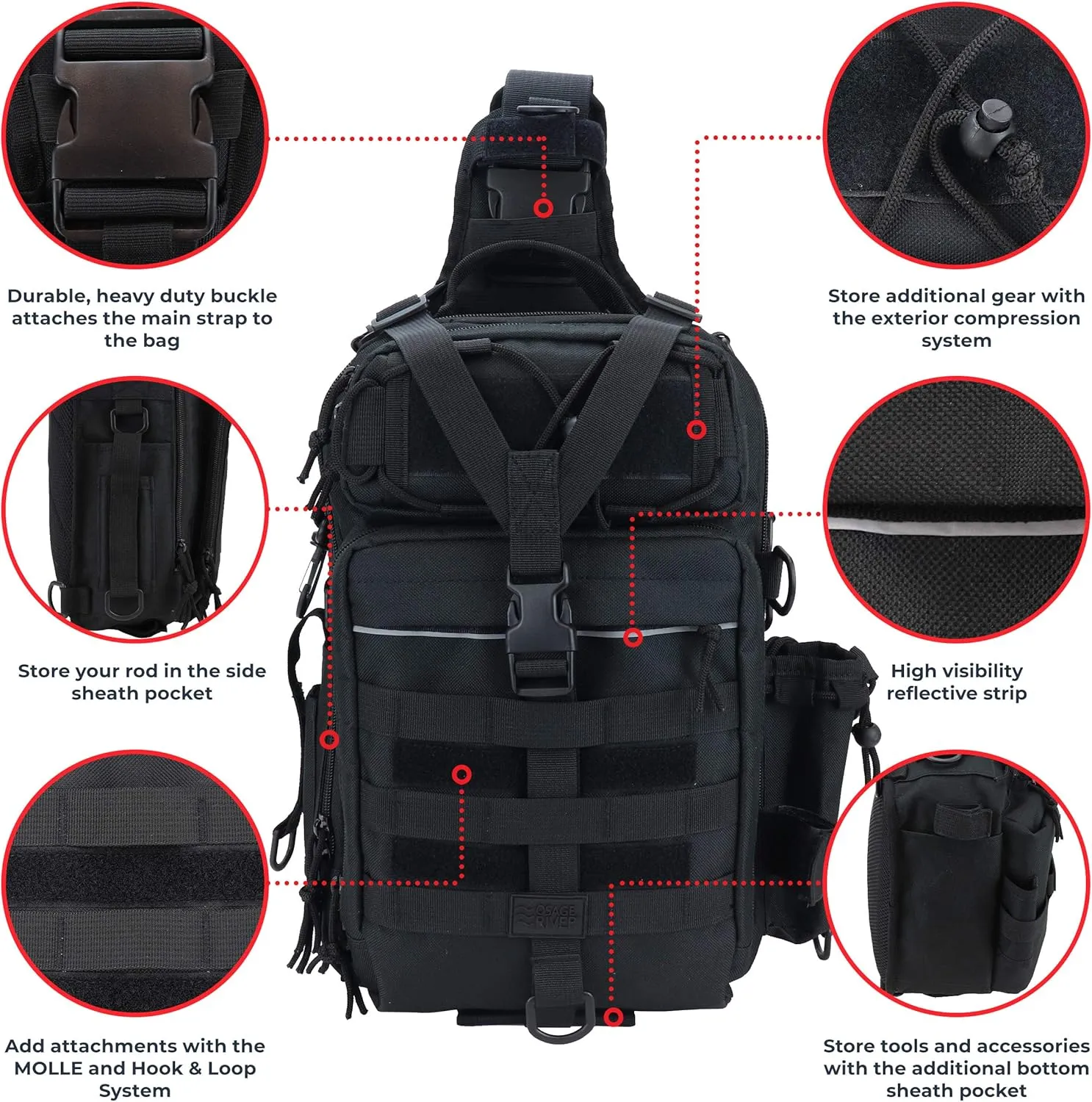OSAGE RIVER Deluxe Tackle Sling Fishing Bag with Rod Holder, Lightweight Tackle Box Storage, Shoulder Bag for Fishing Hiking