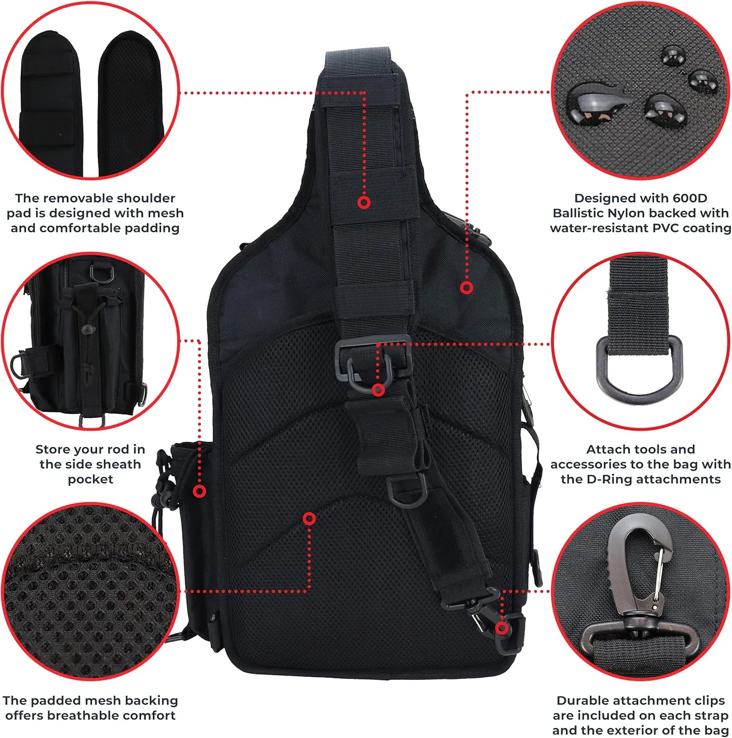 OSAGE RIVER Deluxe Tackle Sling Fishing Bag with Rod Holder, Lightweight Tackle Box Storage, Shoulder Bag for Fishing Hiking