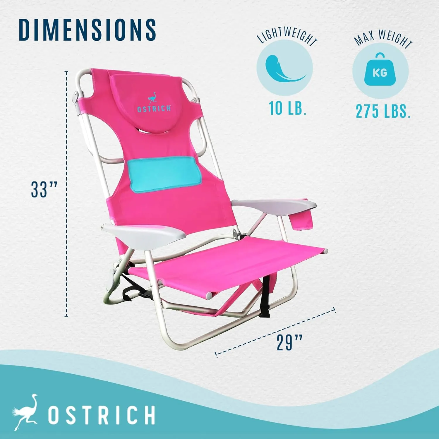 Ostrich Ladies Comfort & On-Your-Back Lightweight Beach Reclining Lawn Chair with Backpack Straps, Outdoor Furniture for Pool, Camping, or Patio, Pink