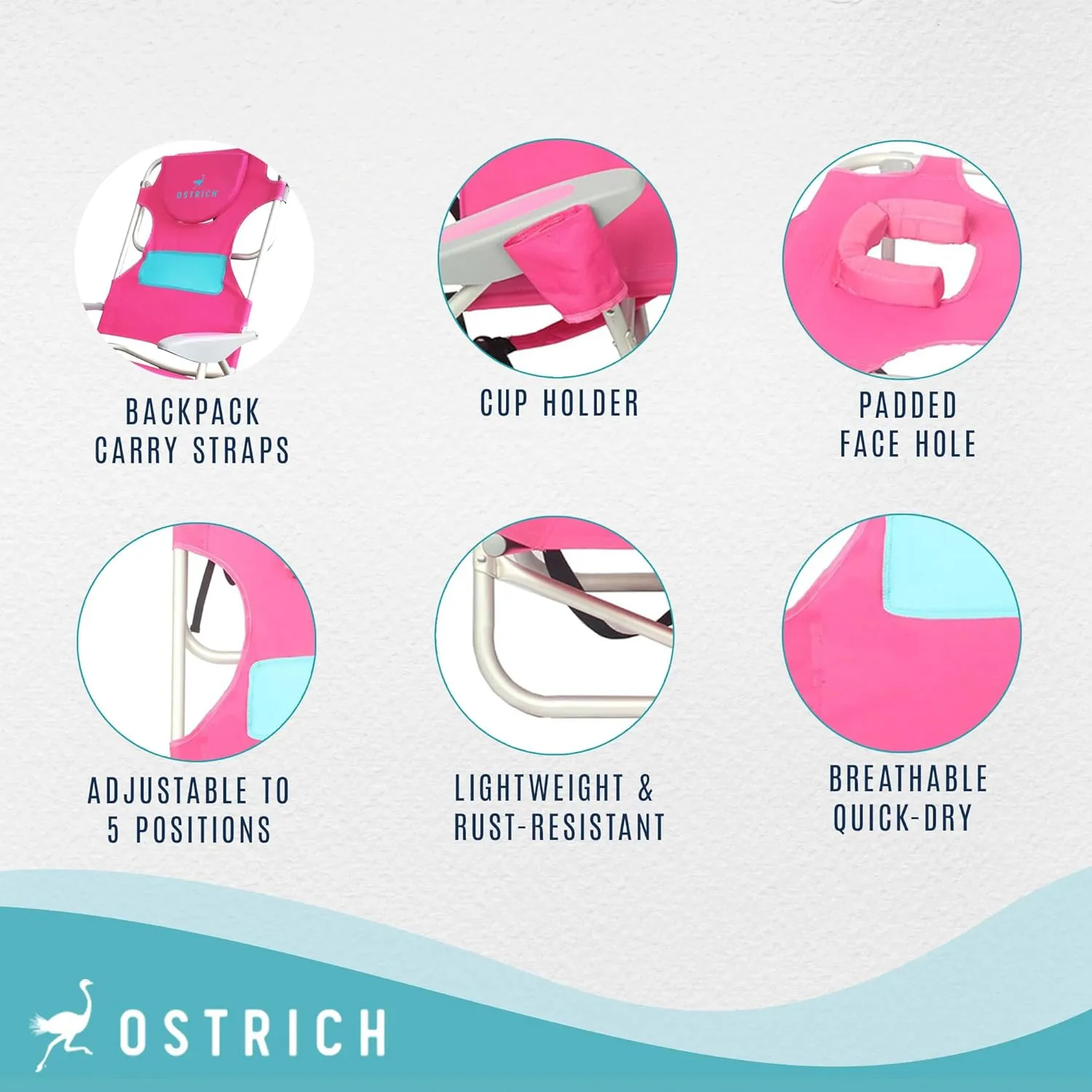 Ostrich Ladies Comfort & On-Your-Back Lightweight Beach Reclining Lawn Chair with Backpack Straps, Outdoor Furniture for Pool, Camping, or Patio, Pink
