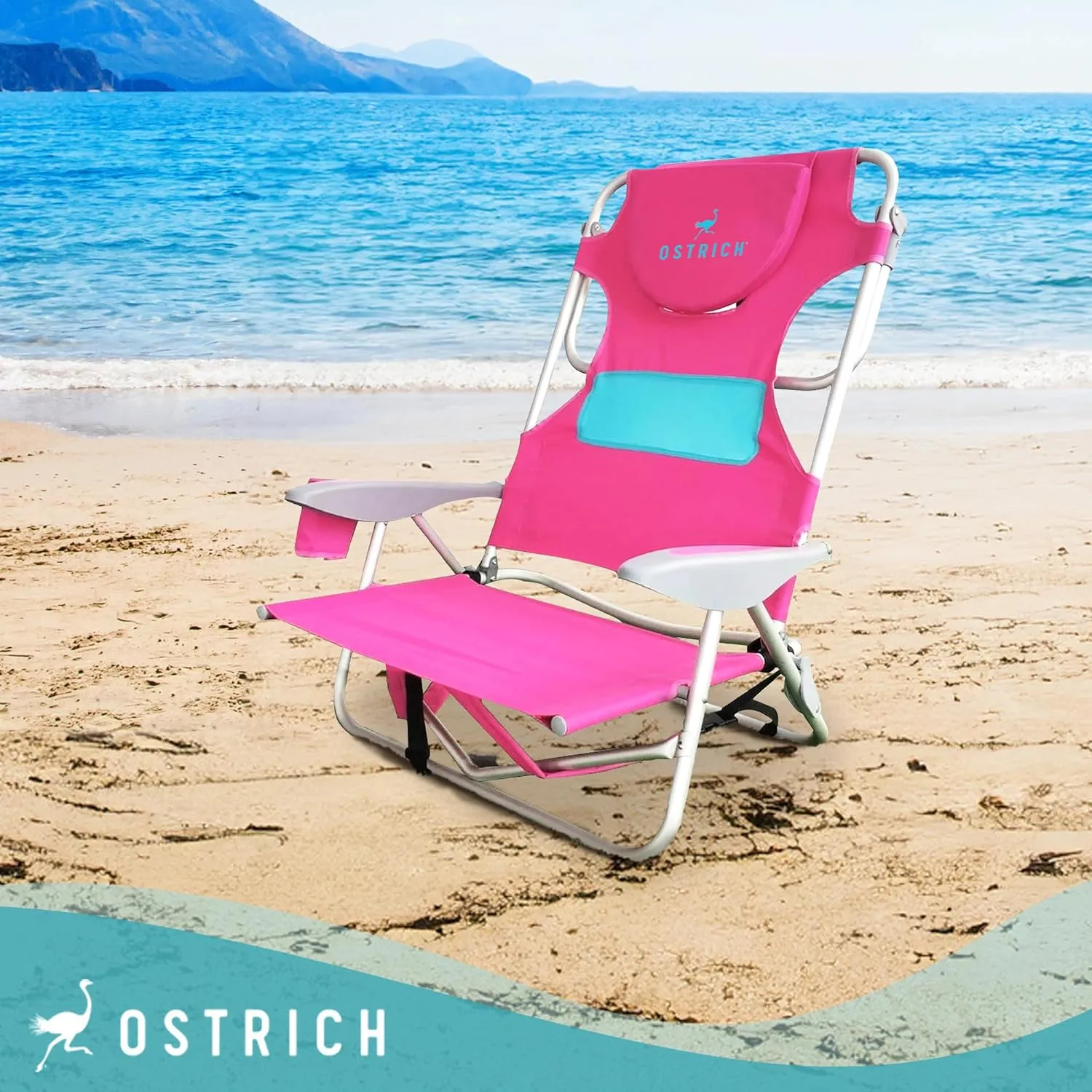 Ostrich Ladies Comfort & On-Your-Back Lightweight Beach Reclining Lawn Chair with Backpack Straps, Outdoor Furniture for Pool, Camping, or Patio, Pink